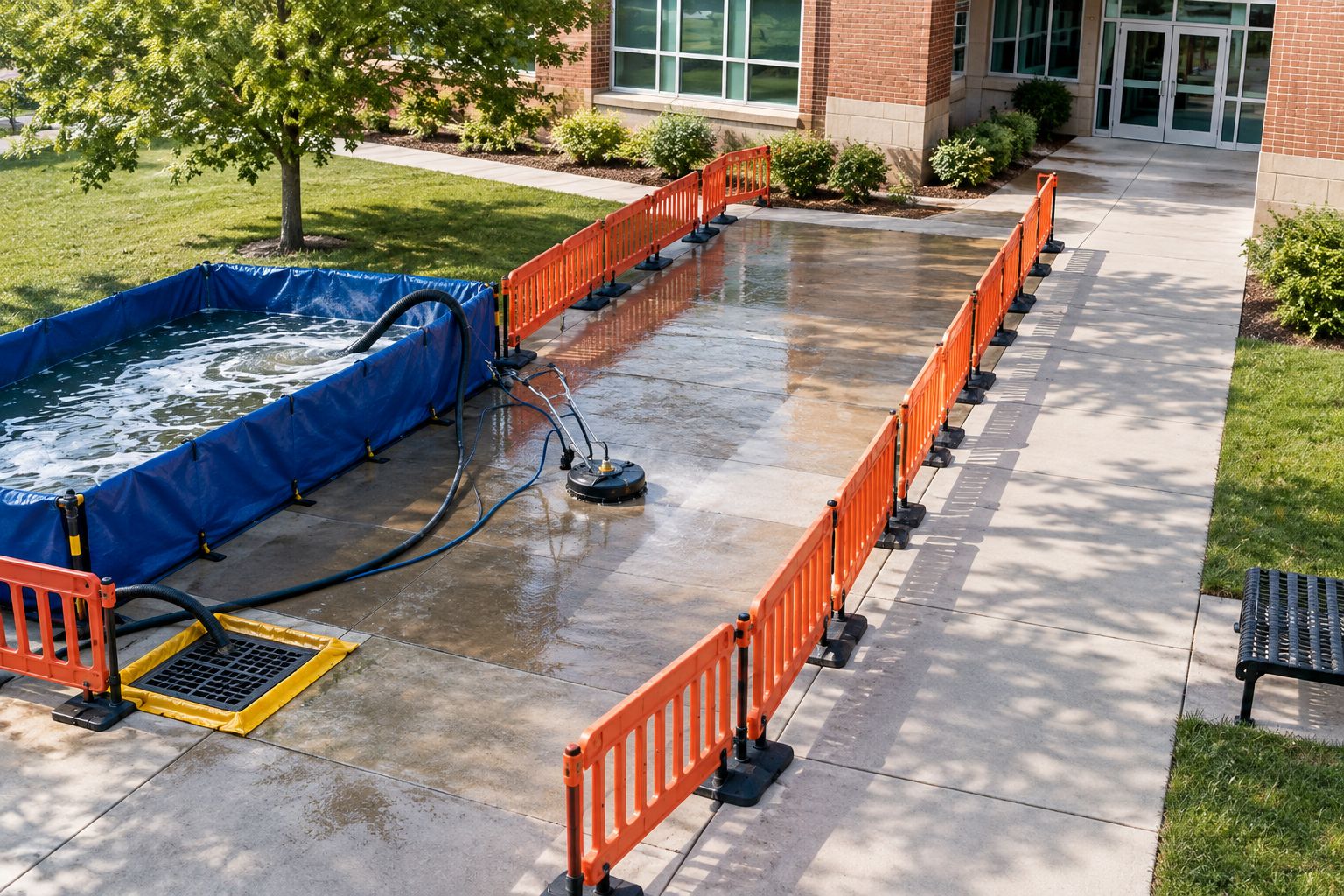 Closed school walkway with barriers, drain protection, and a contained wash-water collection area