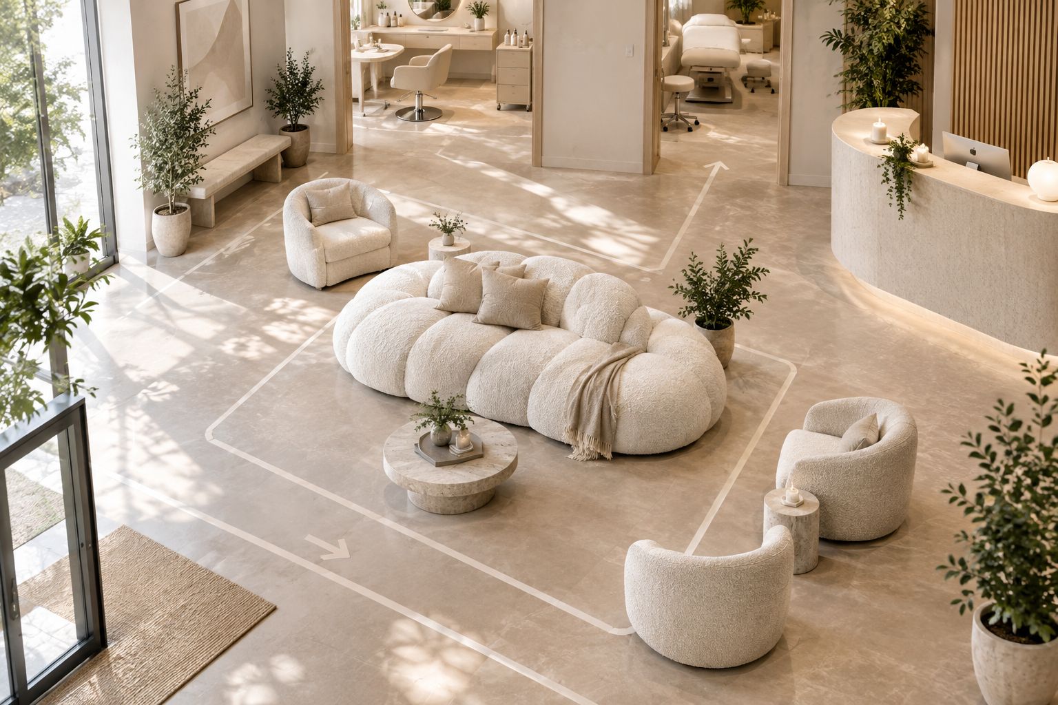 Salon reception with a taped sofa footprint and clear routes around separate chairs