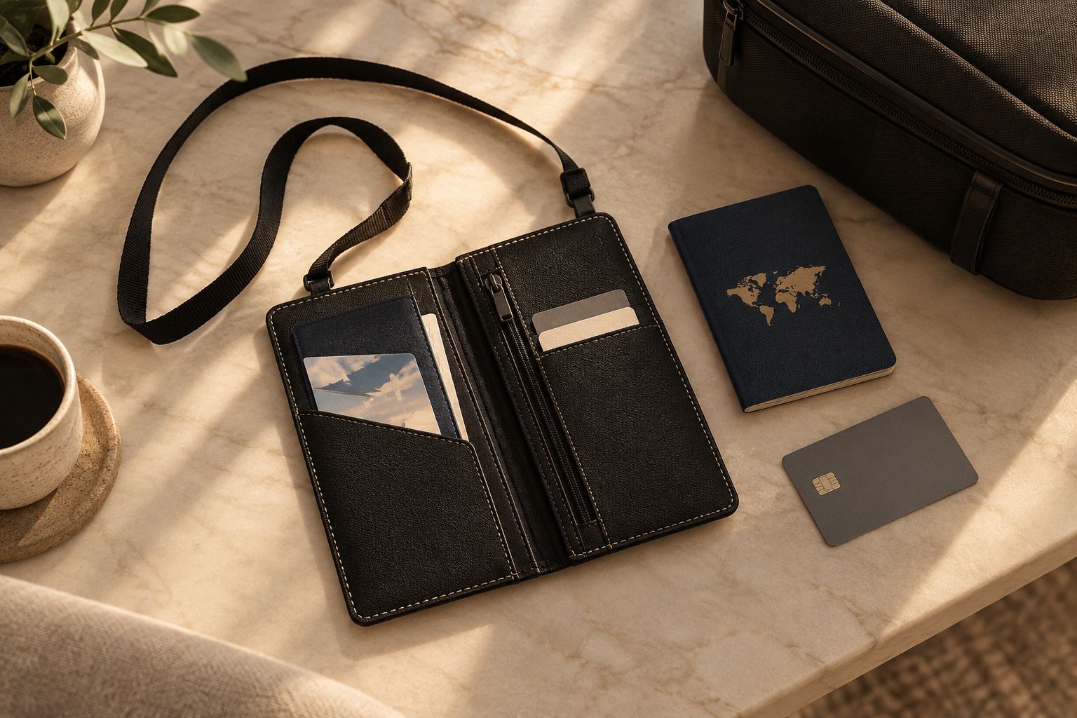 Travel organiser, passport and payment card arranged beside a cabin bag for a packing rehearsal