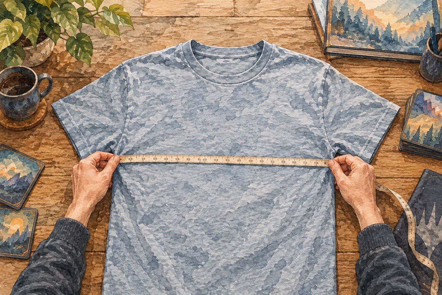 Hands measuring the chest width of a plain T-shirt laid flat on a table
