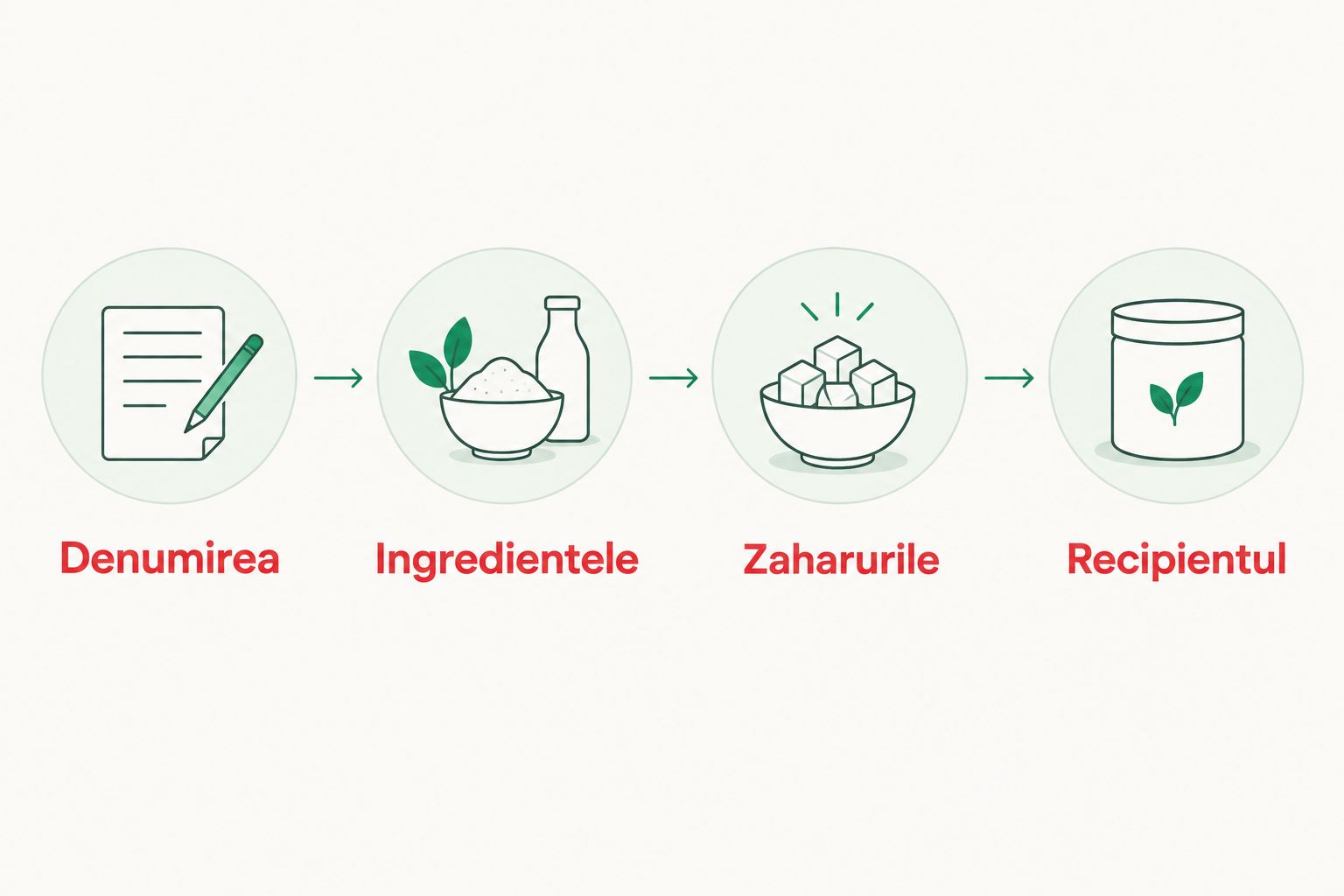 Patru pași pentru citirea etichetei: denumirea, ingredientele, zaharurile și recipientul.