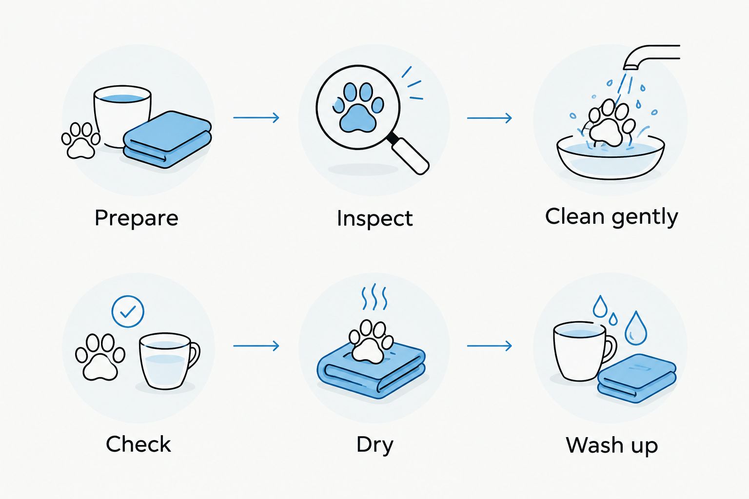 Paw-cleaning sequence from preparing supplies to inspecting, cleaning, drying, and washing the cup
