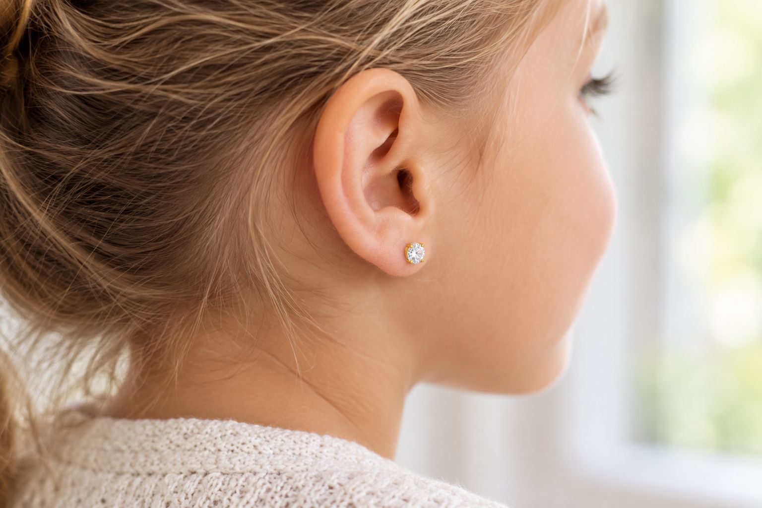Close-up of a child's ear wearing a gold birthstone flat-back stud