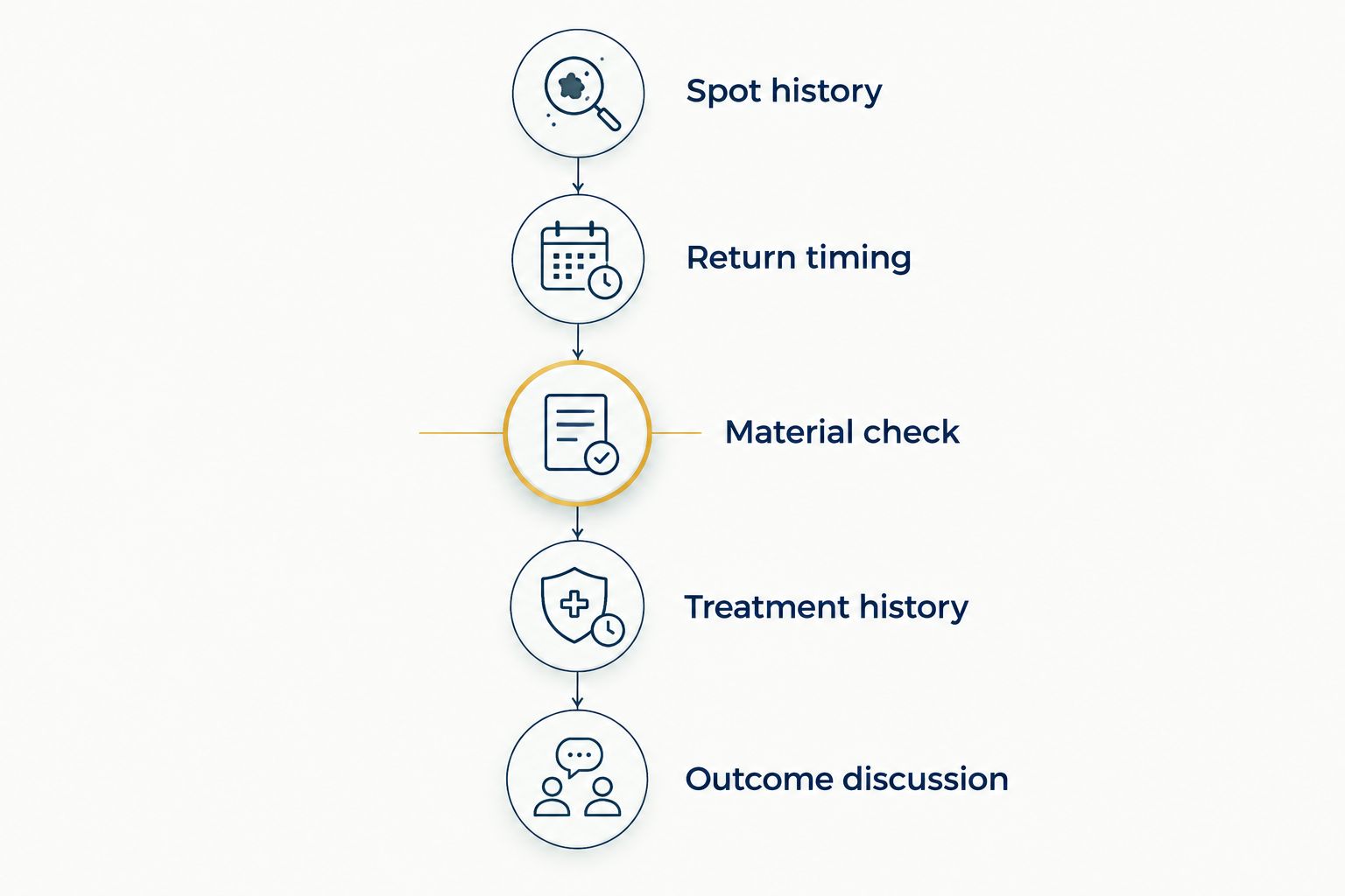 Inspection sequence covering spot history, return timing, material, prior treatment and expected outcomes.