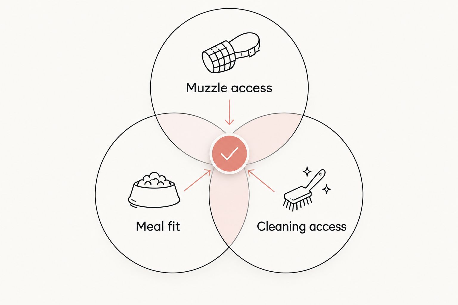 Three overlapping checks for choosing a slow feeder: muzzle access, meal fit, and cleaning access.