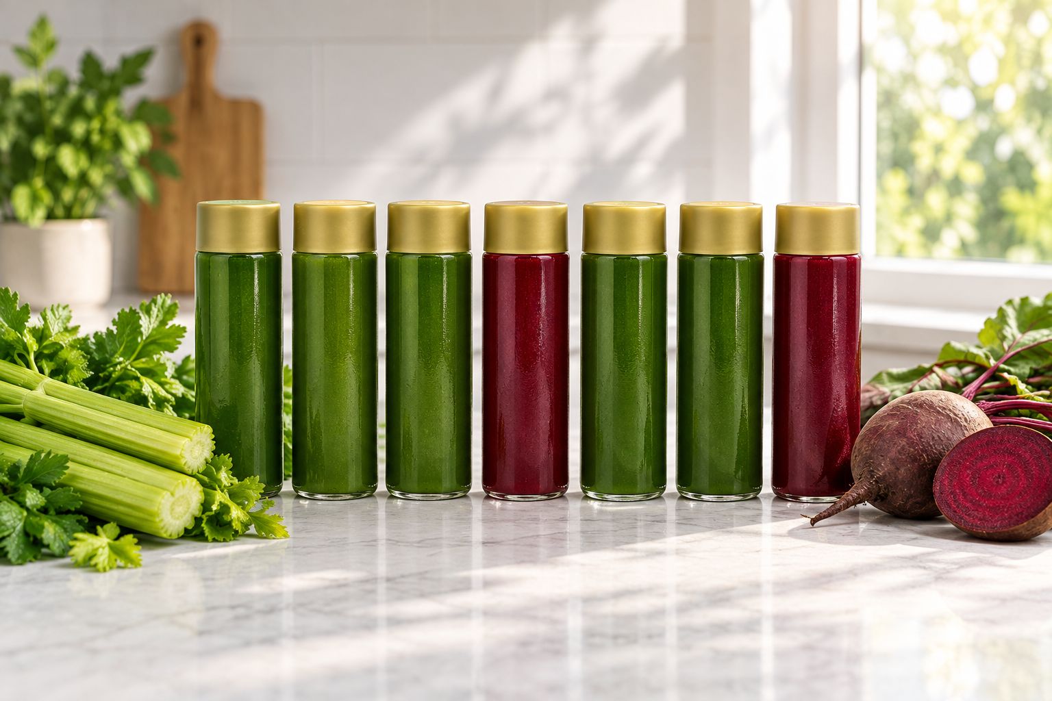 Seven bottles of cold-pressed juice lined up beside fresh celery and beetroot