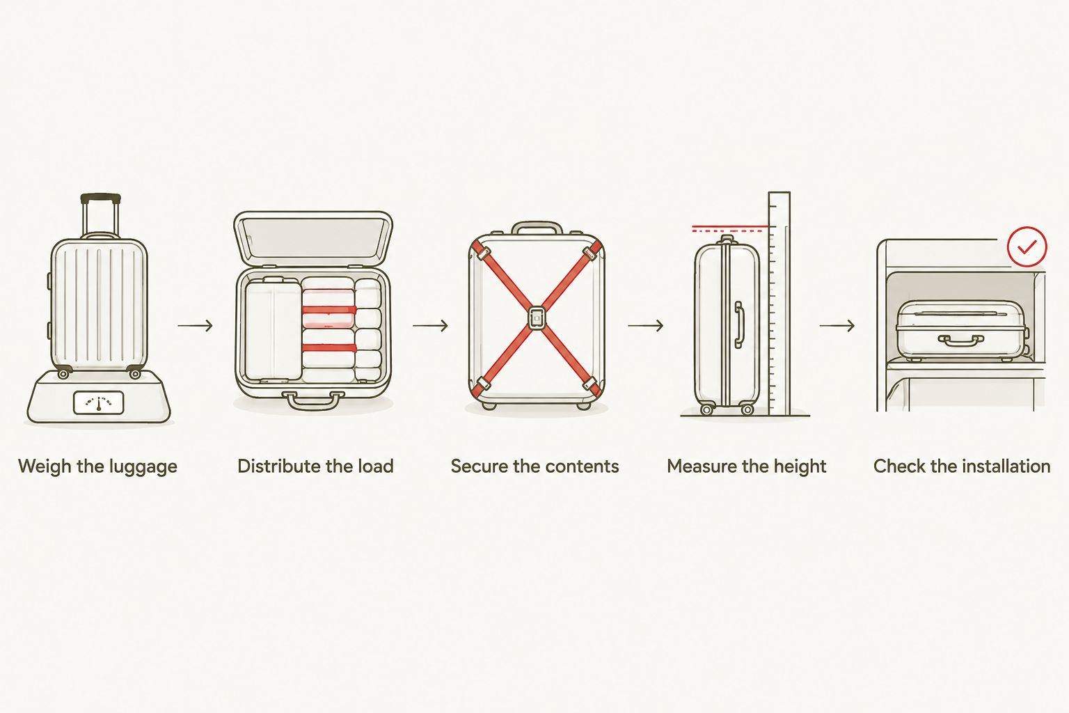 Departure checklist covering luggage weight, distribution, restraints, height and installation