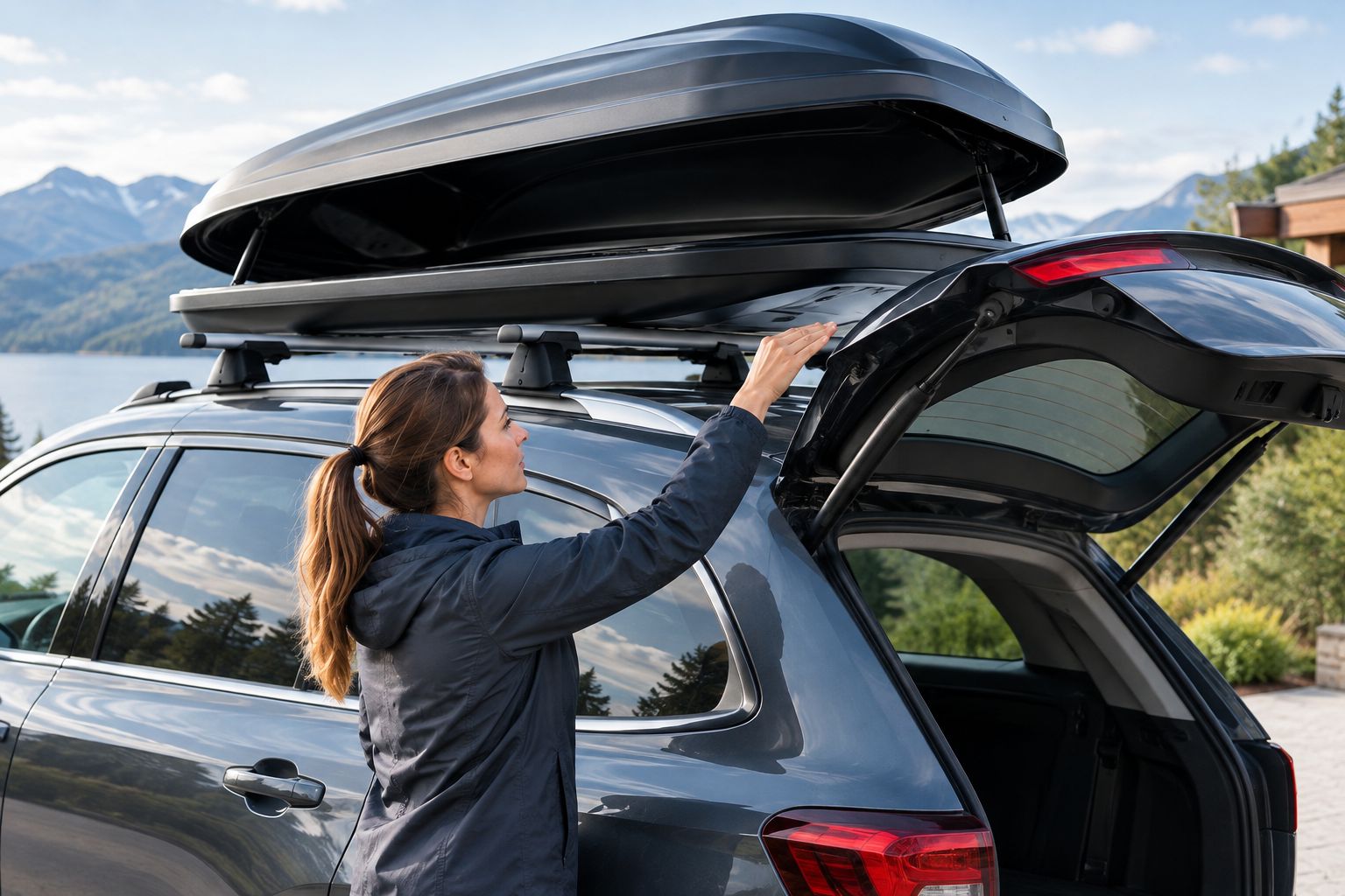 Side view of a roof box with the tailgate partly open during a clearance check