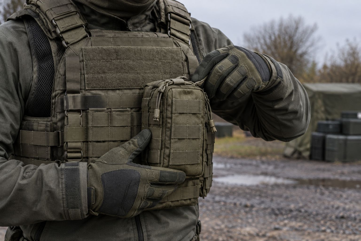 Gloved wearer checking access to a utility pouch on an airsoft plate carrier