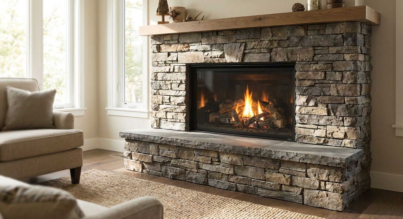 Custom stone hearths for gas fireplaces