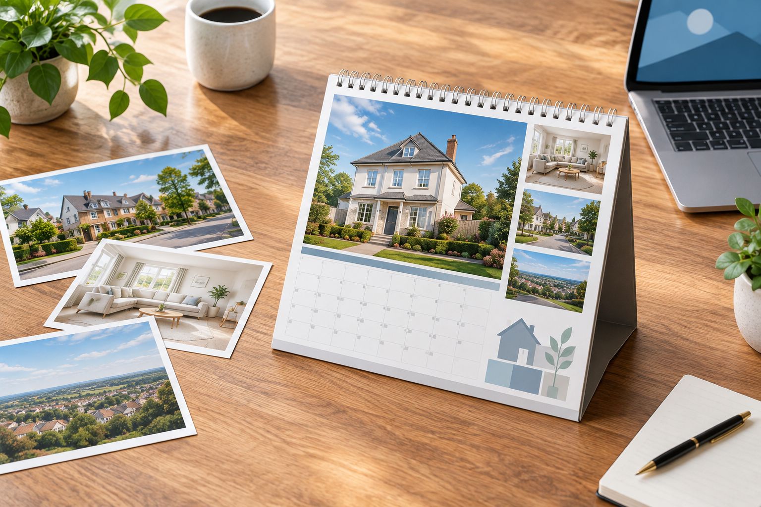 Photo calendar beside a selection of property and neighbourhood photographs