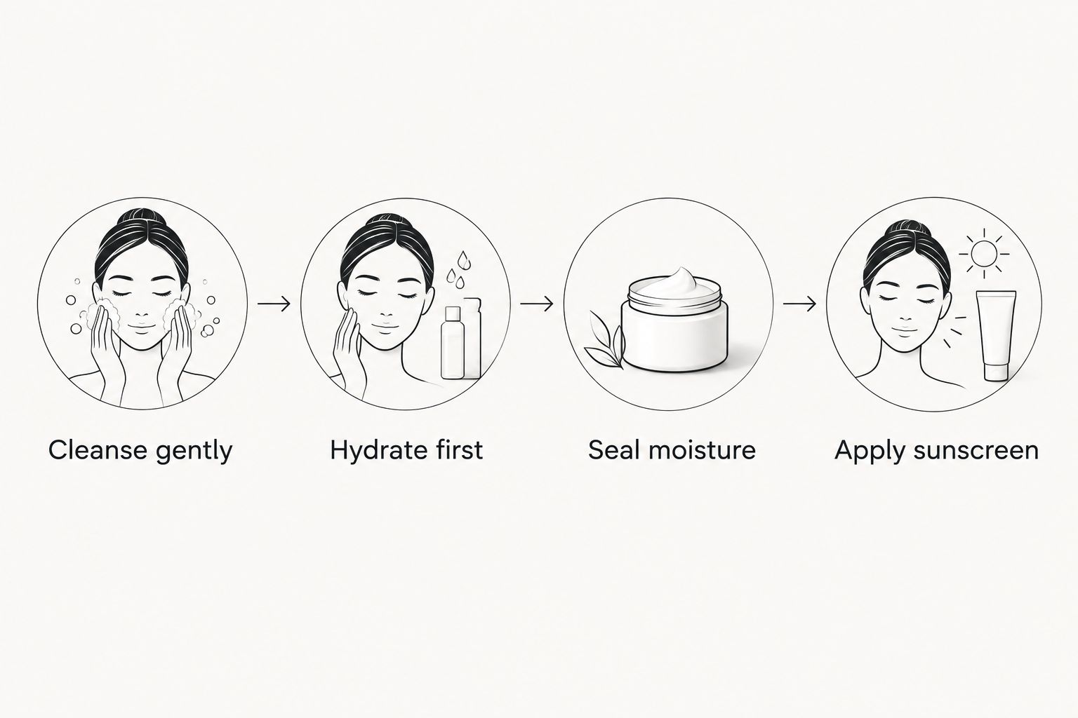 A simple routine moves from gentle cleansing through hydration and moisturiser to sunscreen