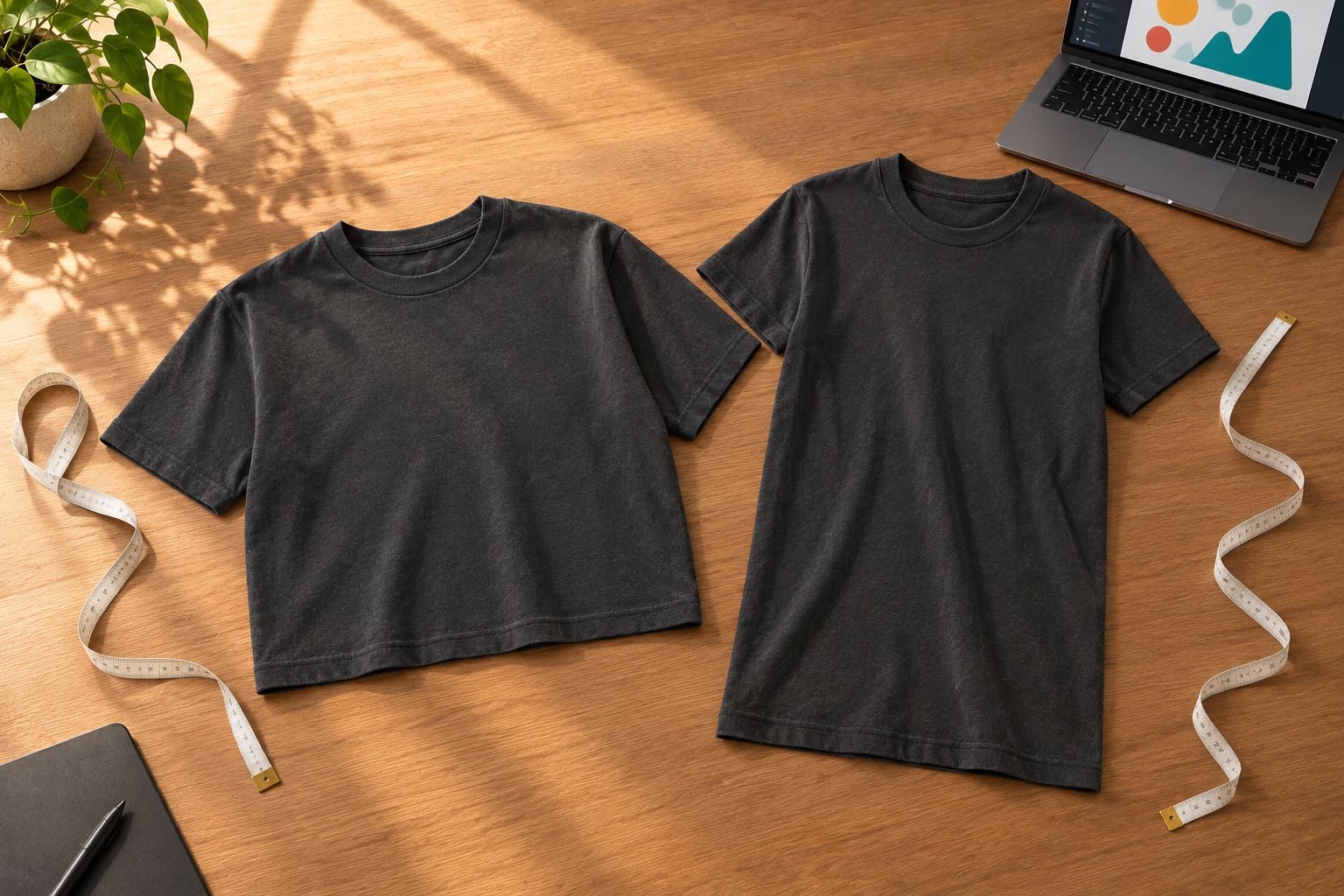 Two unbranded t-shirts laid flat to compare body width and length