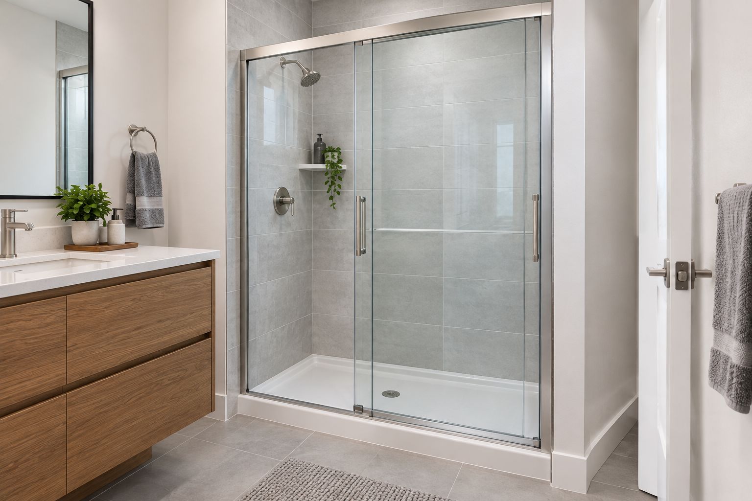 Framed bypass shower slider showing overlapping glass, a lower track, and a nearby vanity