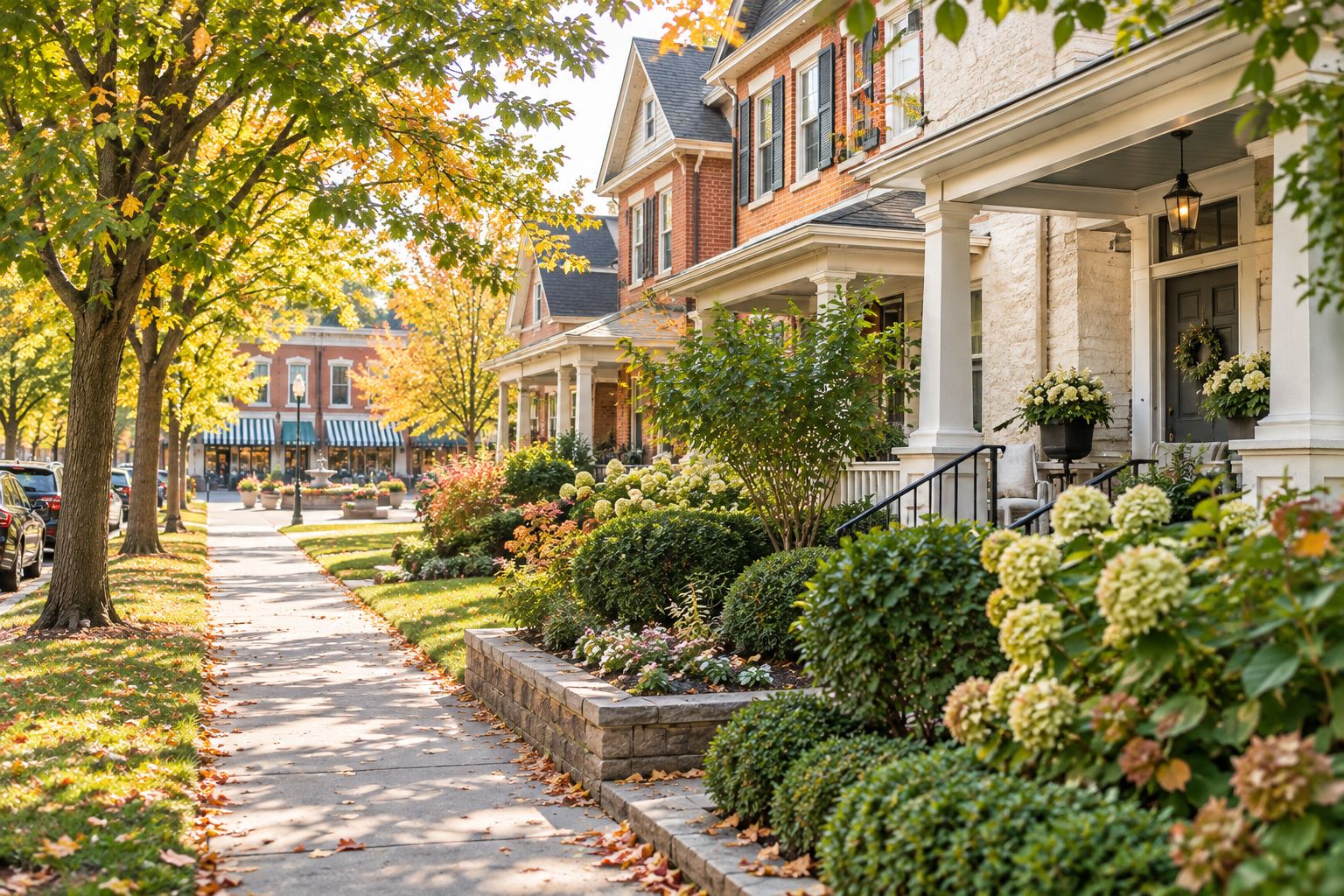 Tree-lined street leading to a walkable town square in an inner-ring Cincinnati suburb