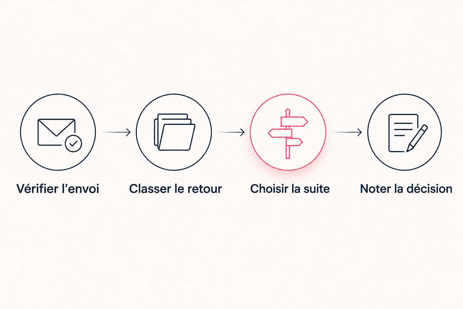 Suivi d’un email : vérifier l’envoi, classer le retour, choisir la suite et noter la décision.