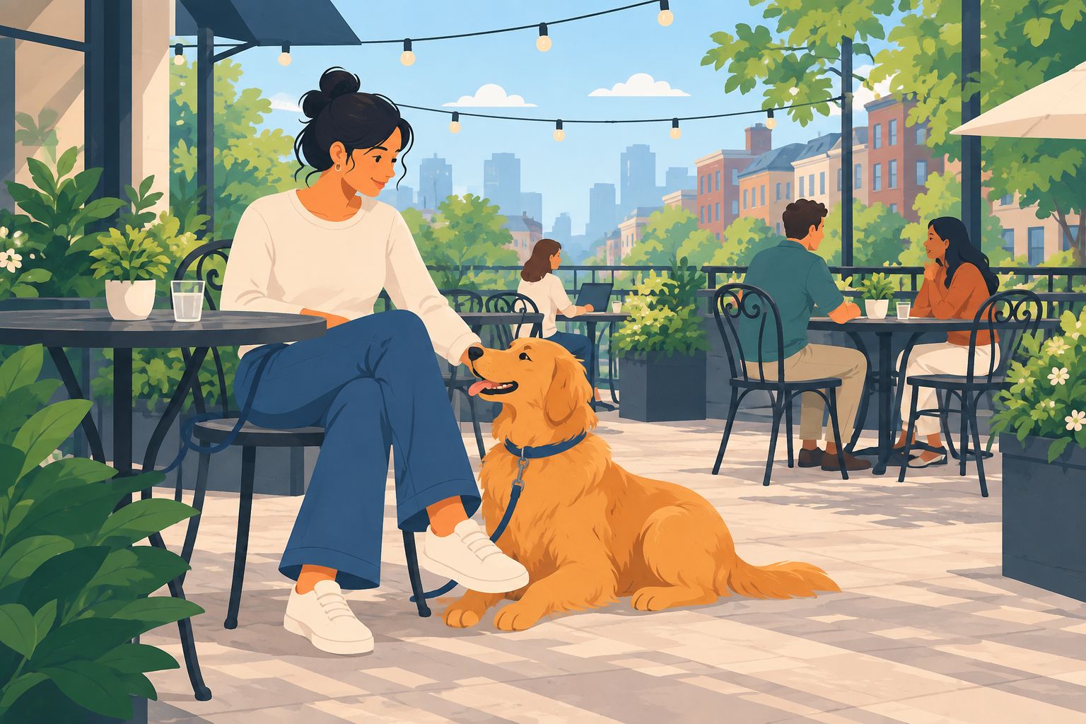 Outdoor restaurant patio with a leashed dog resting beside a table