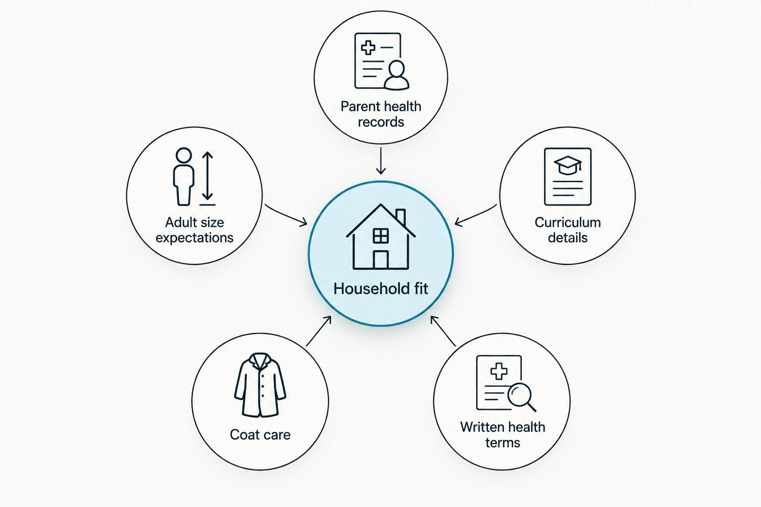 Household fit connected to health records, size expectations, curriculum, coat care, and written health terms.