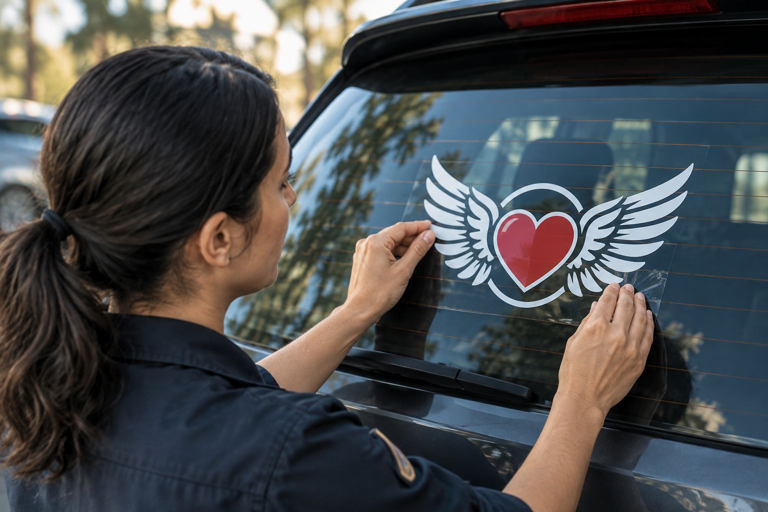 Hand applying a memorial vinyl decal to a car rear window