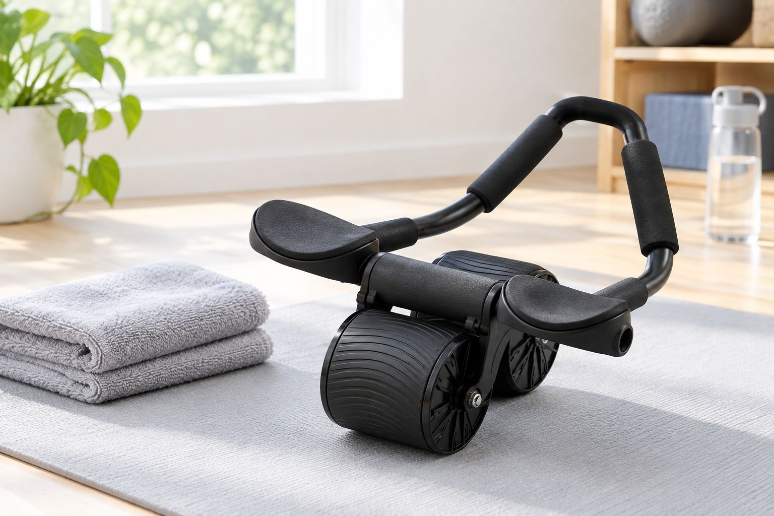 Elbow-support exercise roller and cleaning cloths in a tidy home workout corner