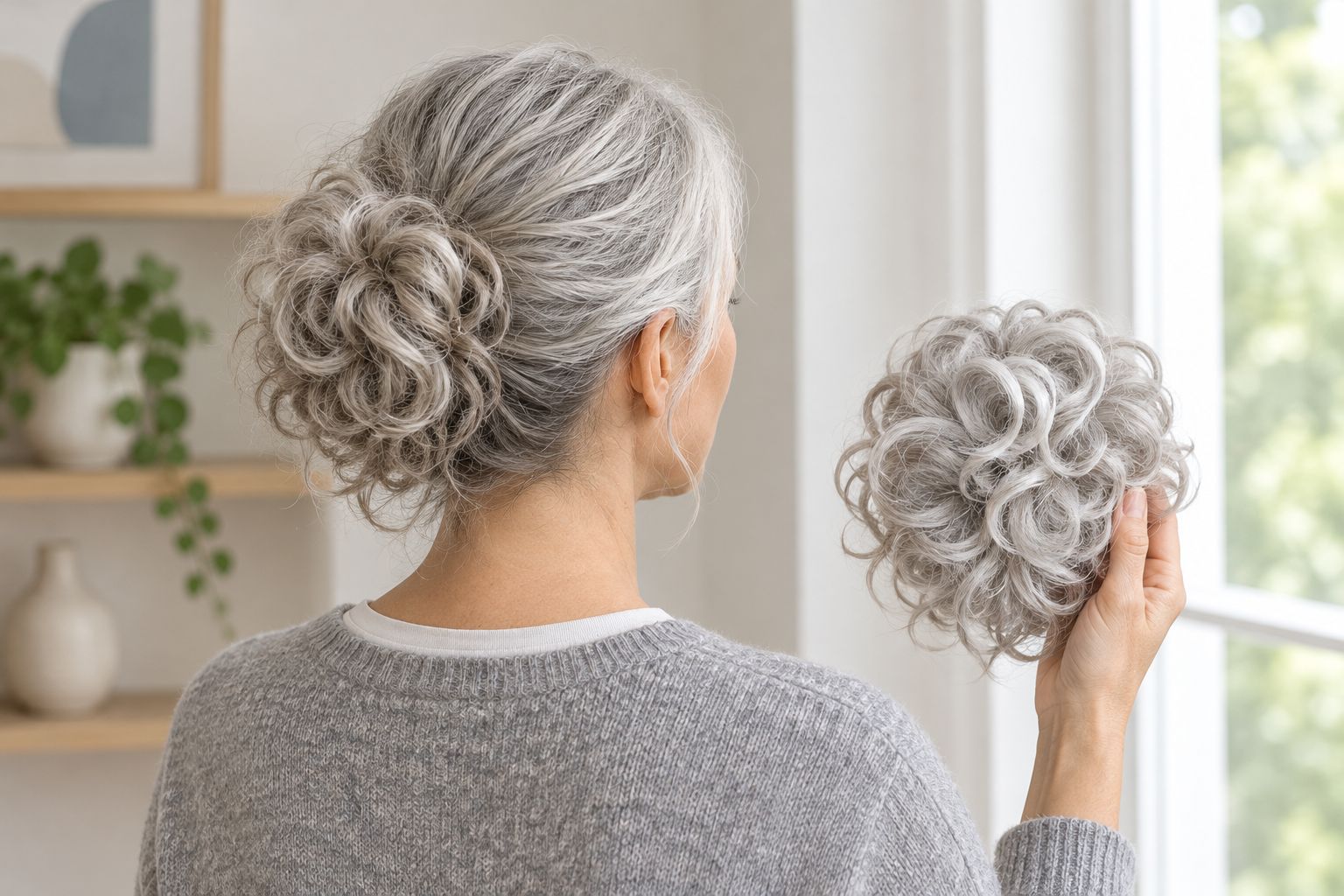 A woman compares a silver-grey curly bun hairpiece with her pulled-back grey hair in daylight
