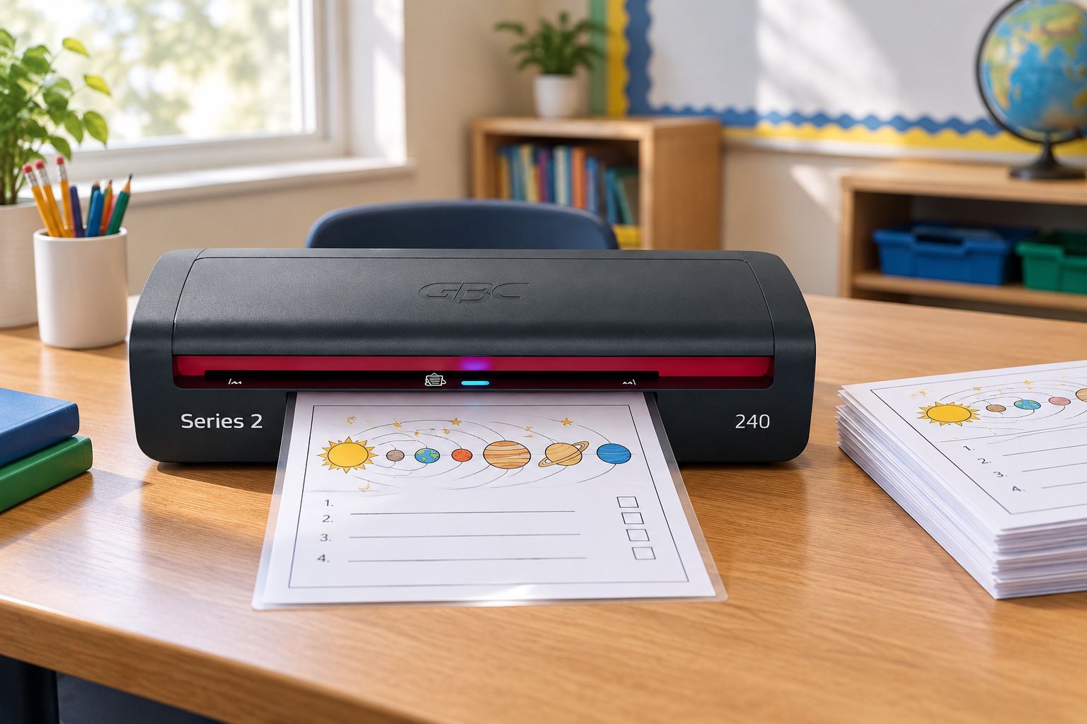 GBC Laminator 240 Home Office A4 laminating a worksheet on a classroom desk