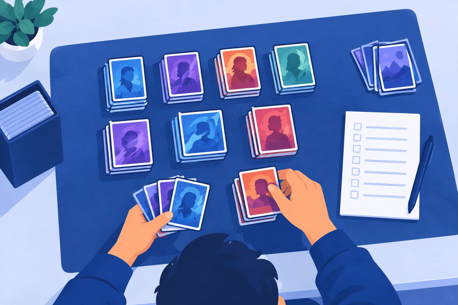 Trading cards grouped on a playmat for a physical decklist check
