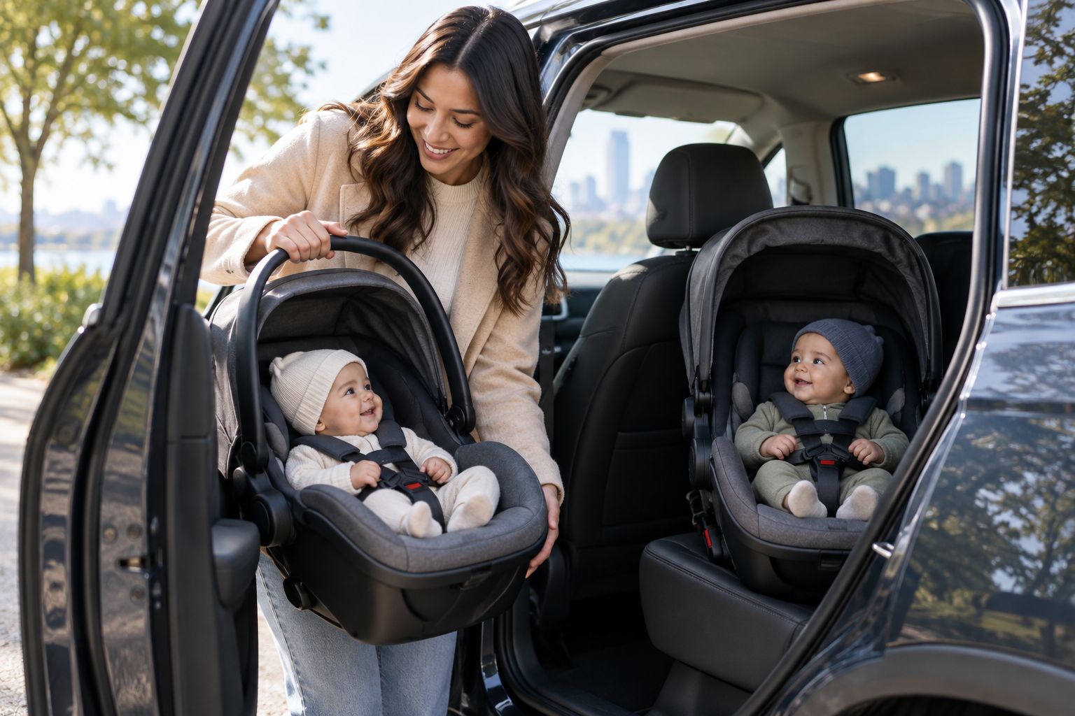Parent lifting one of two infant car seats out of a car