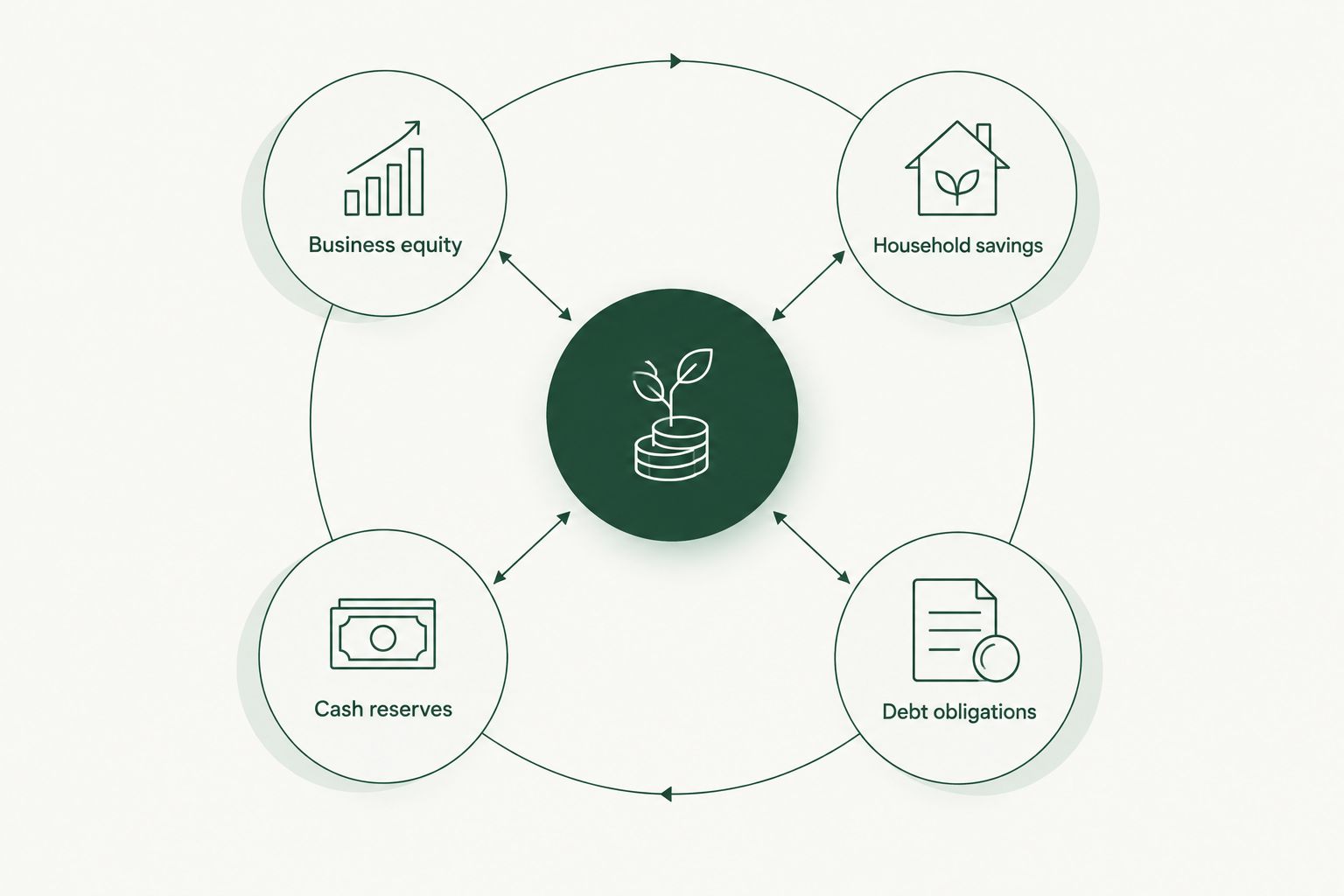 Business equity, household savings, cash reserves, and debt obligations shown as connected parts of one plan