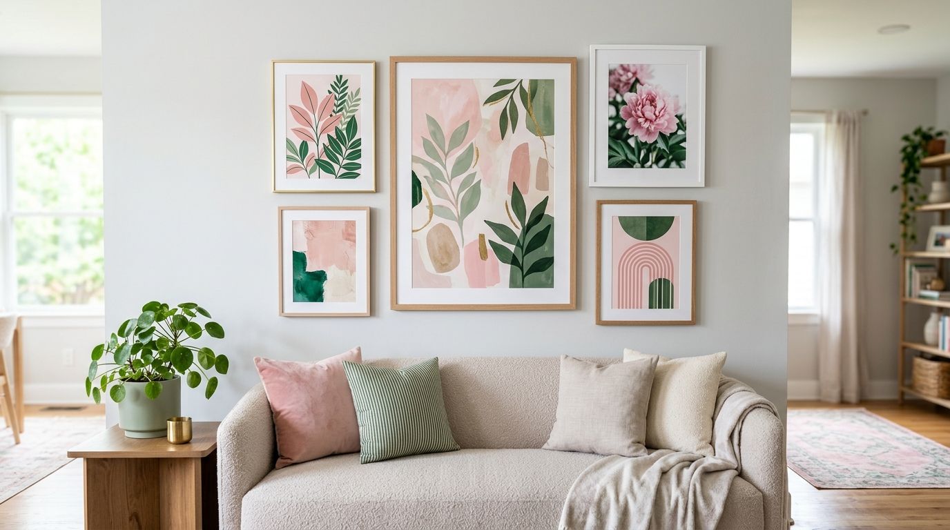 Pink and green wall art for a fresh, modern living room