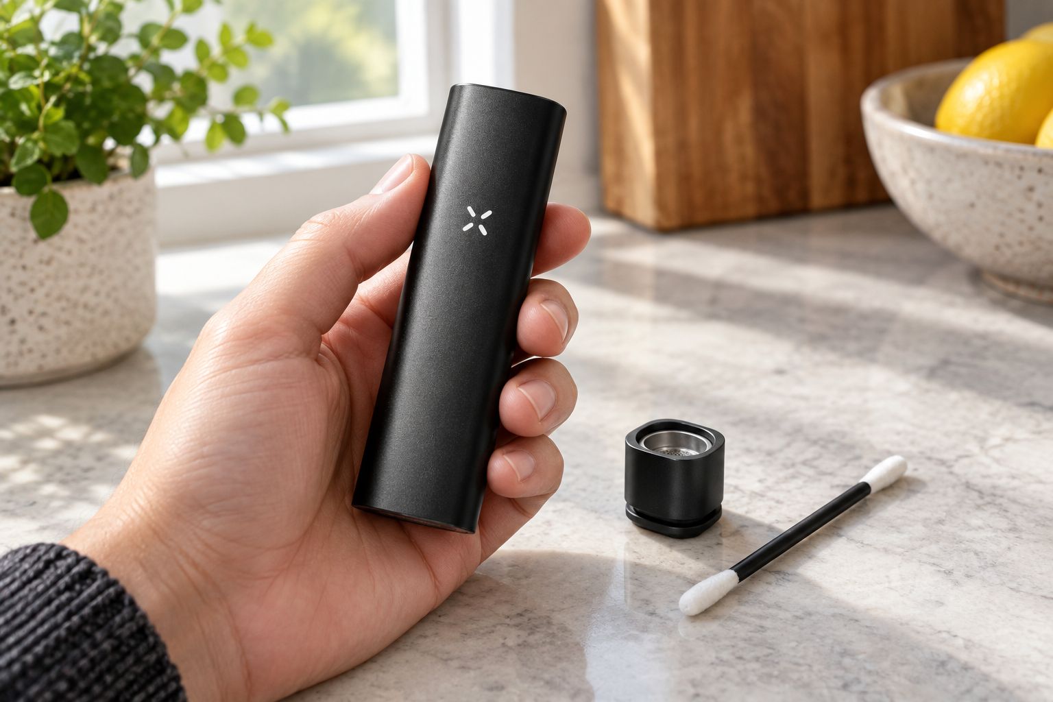PAX Plus 2-in-1 vaporizer held in hand next to its concentrate insert