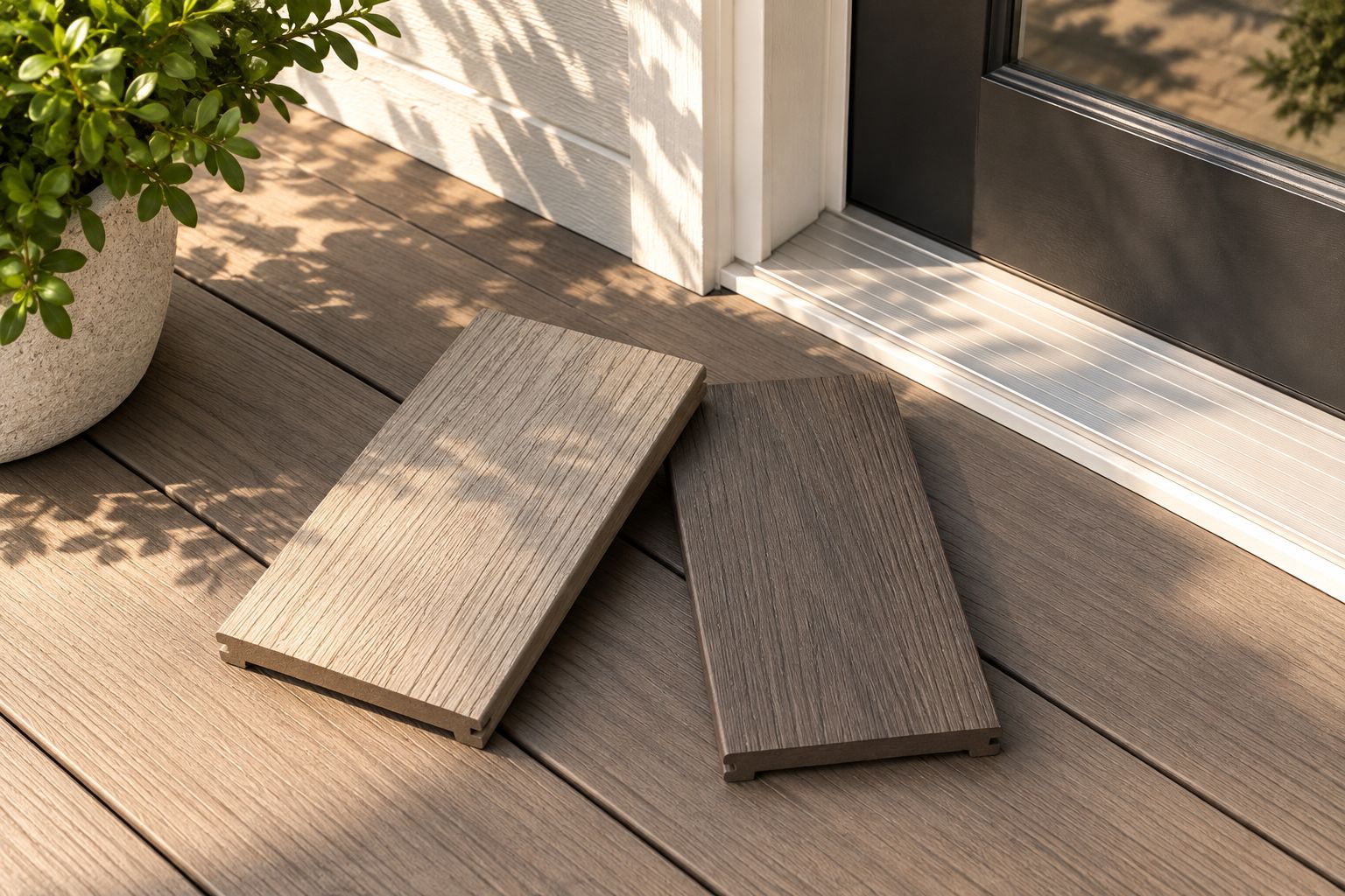 Light and dark composite decking samples beside a porch doorway