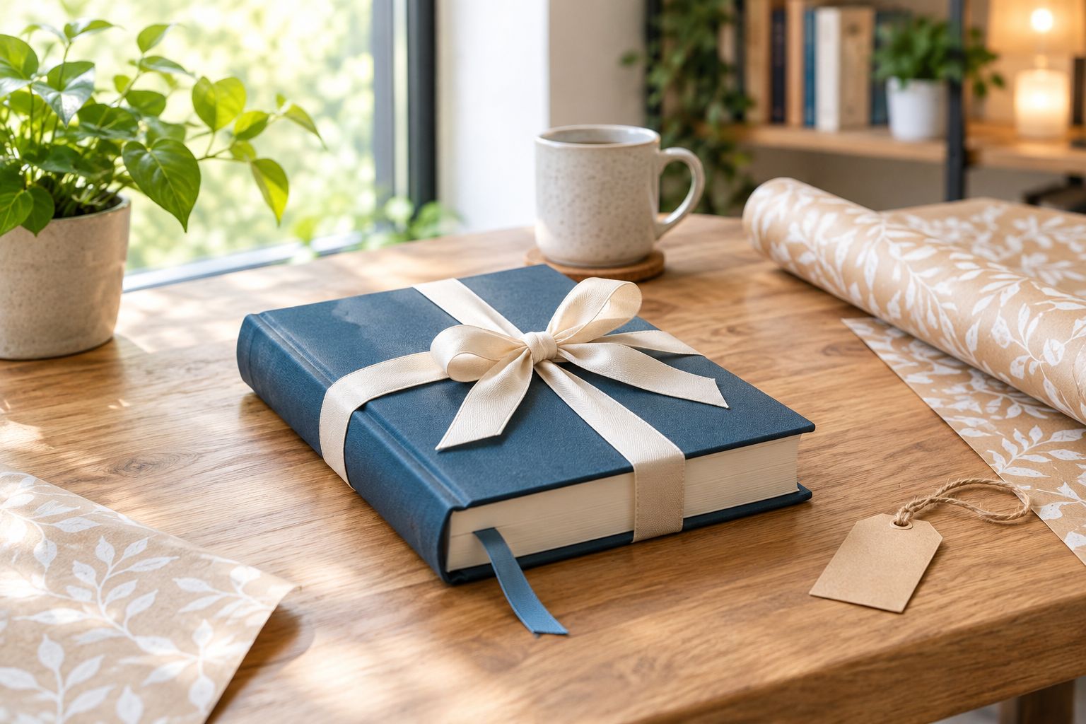 A wrapped hardcover novel presented as a gift on a wooden table