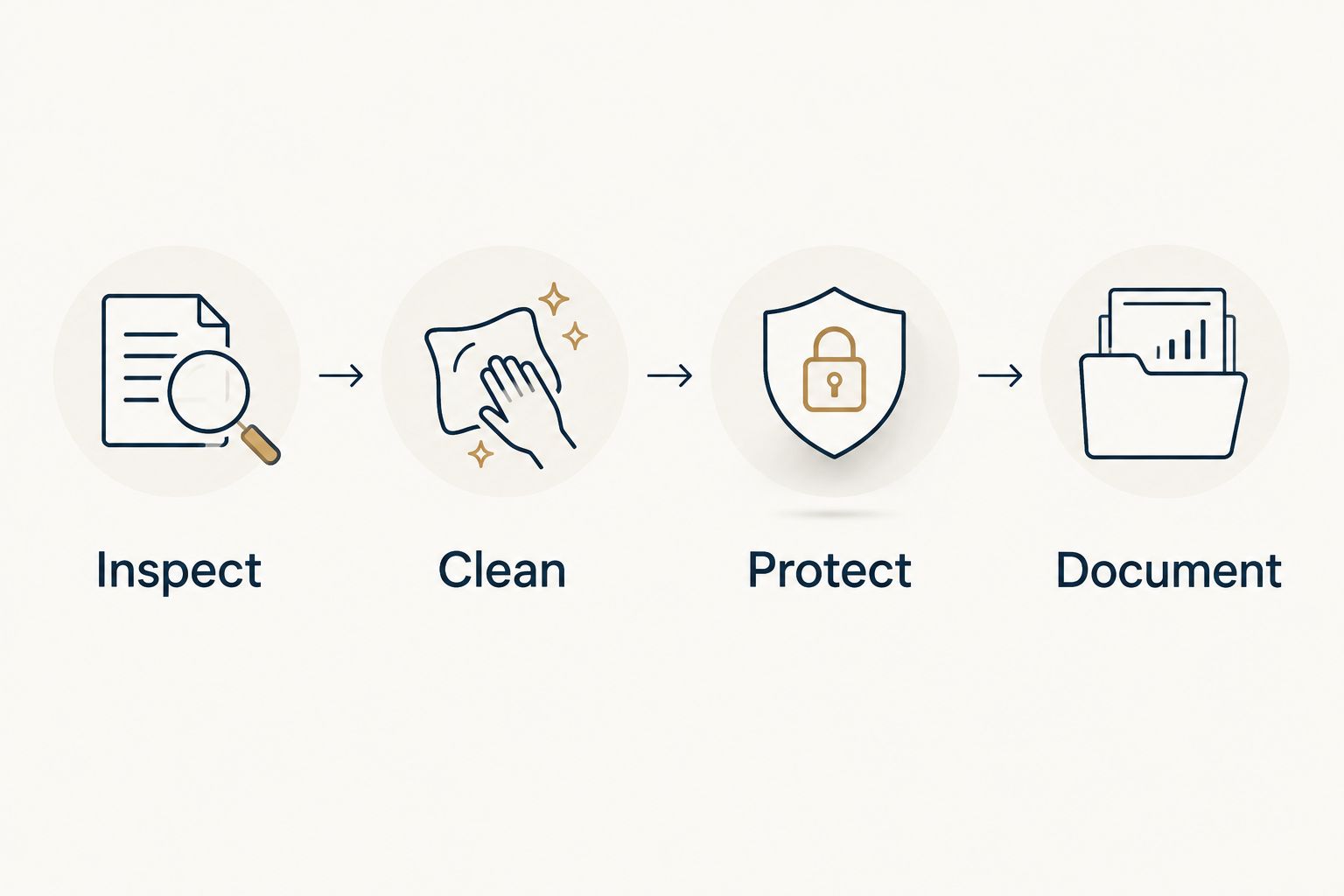 Storage maintenance sequence: inspect, clean, protect and document.