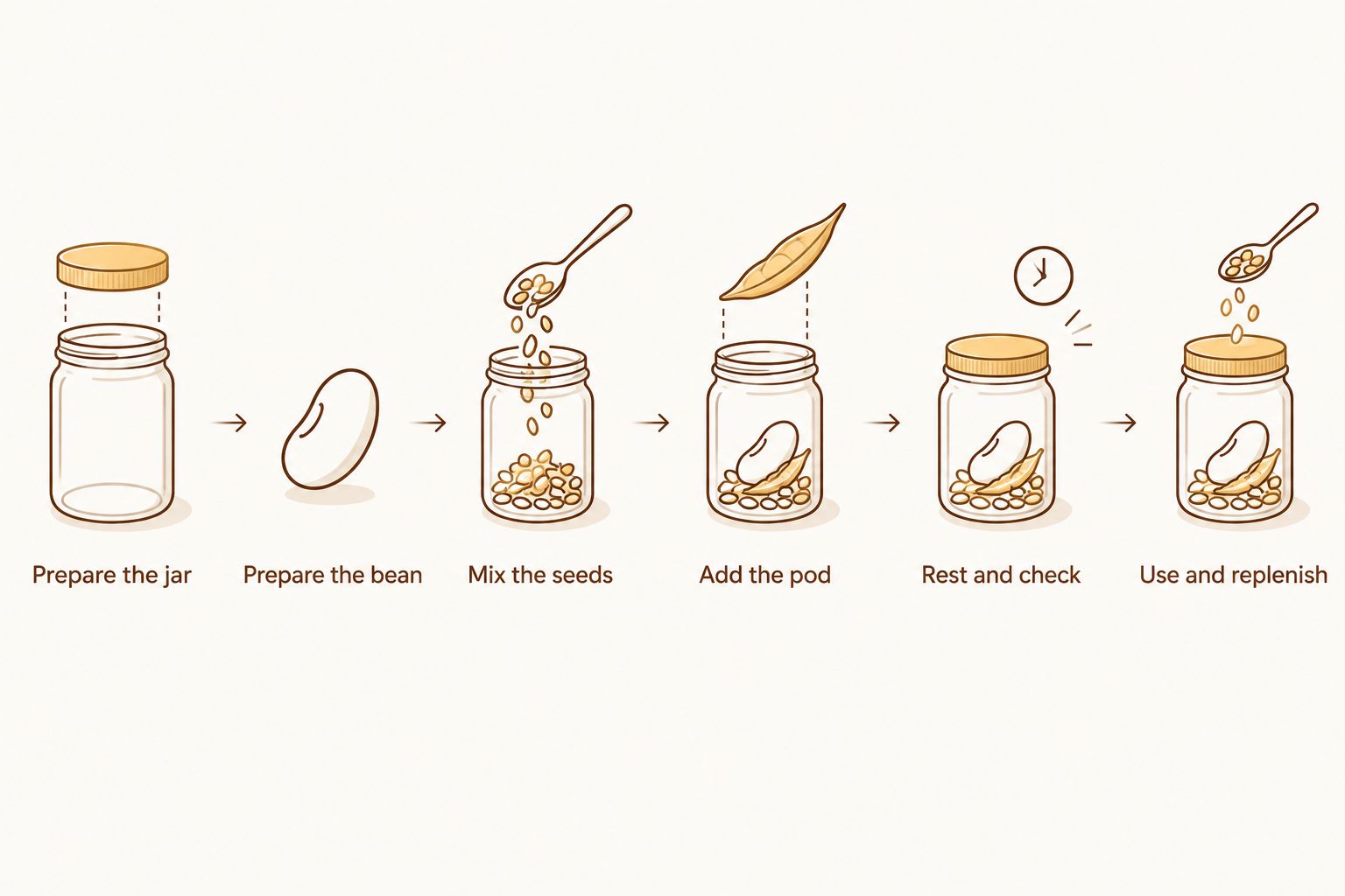 Vanilla sugar preparation from a dry jar through mixing, resting, checking, and replenishing