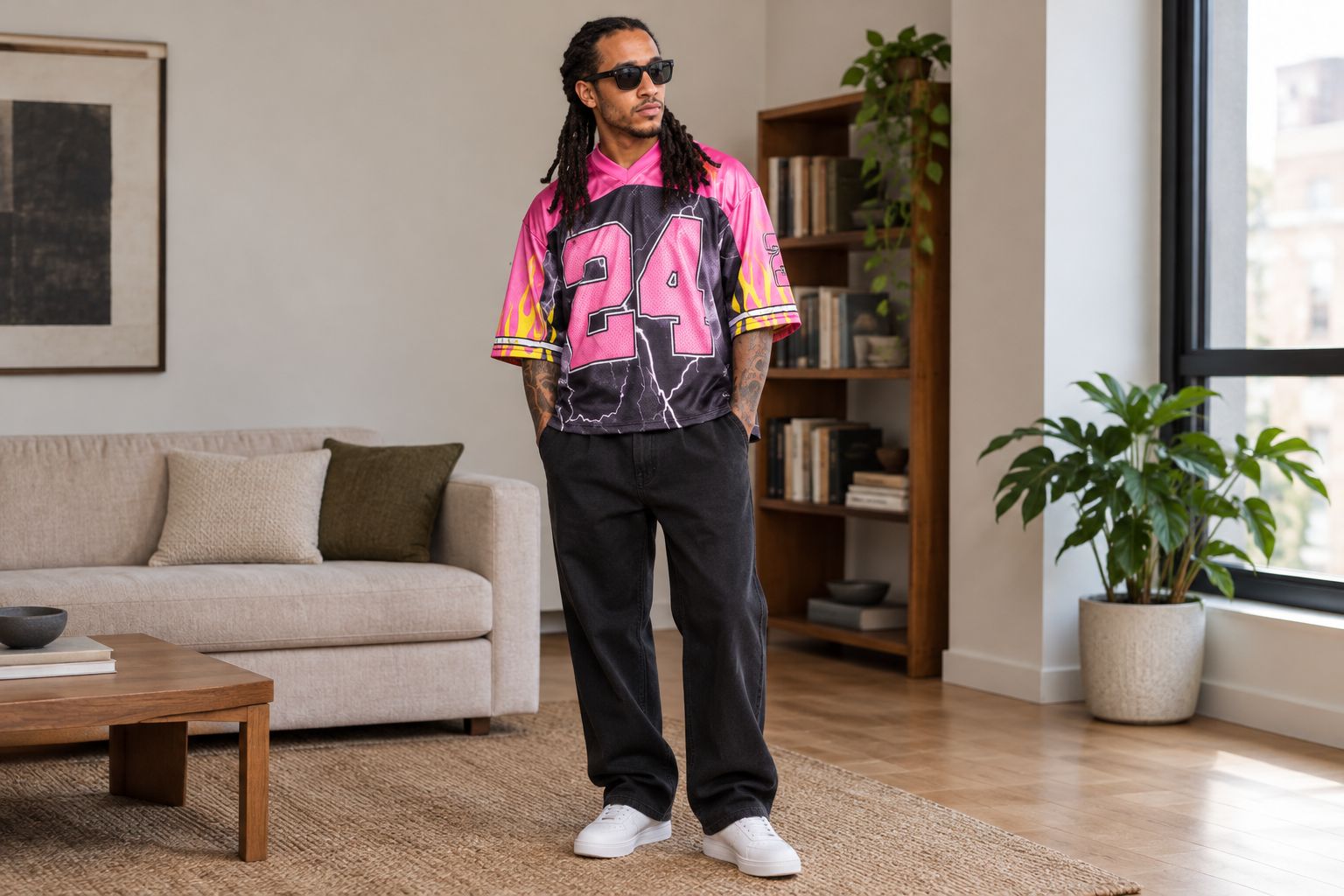 A cropped jersey worn with plain trousers, showing the relationship between its hem and the waistband