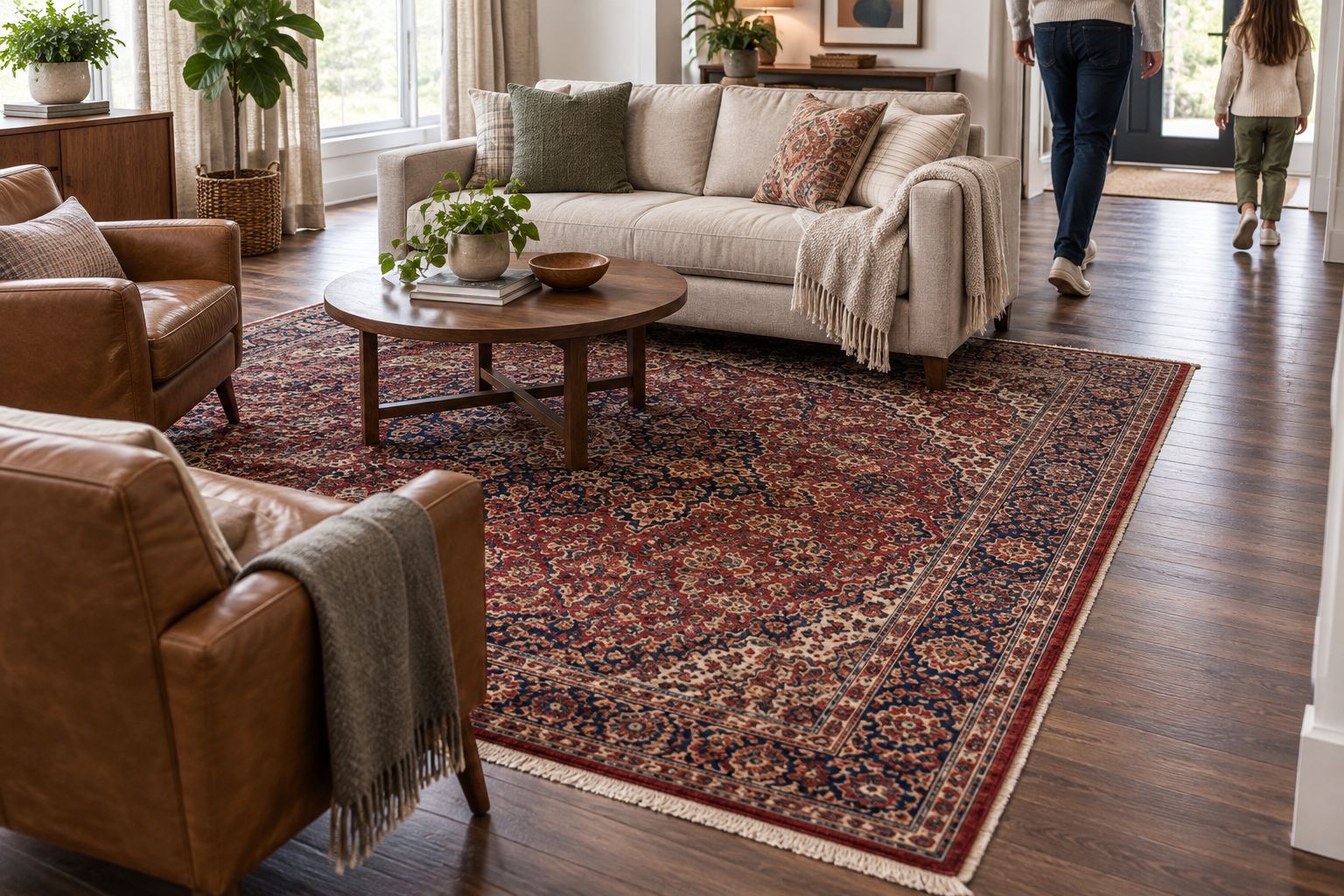 Traditional area rug beneath living-room seating with a clear walking route