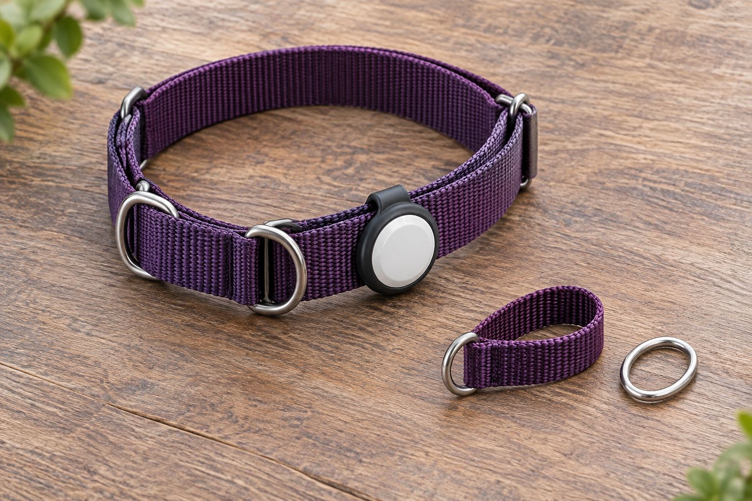 Martingale collar with a tracker holder on the broad strap, clear of the control loop