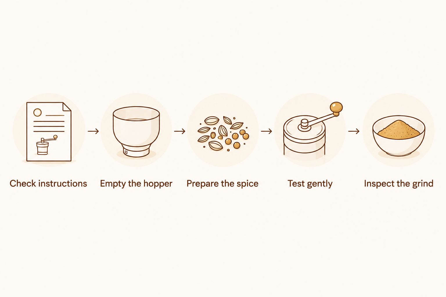 Sequence for checking, preparing, and testing an approved spice in a mill
