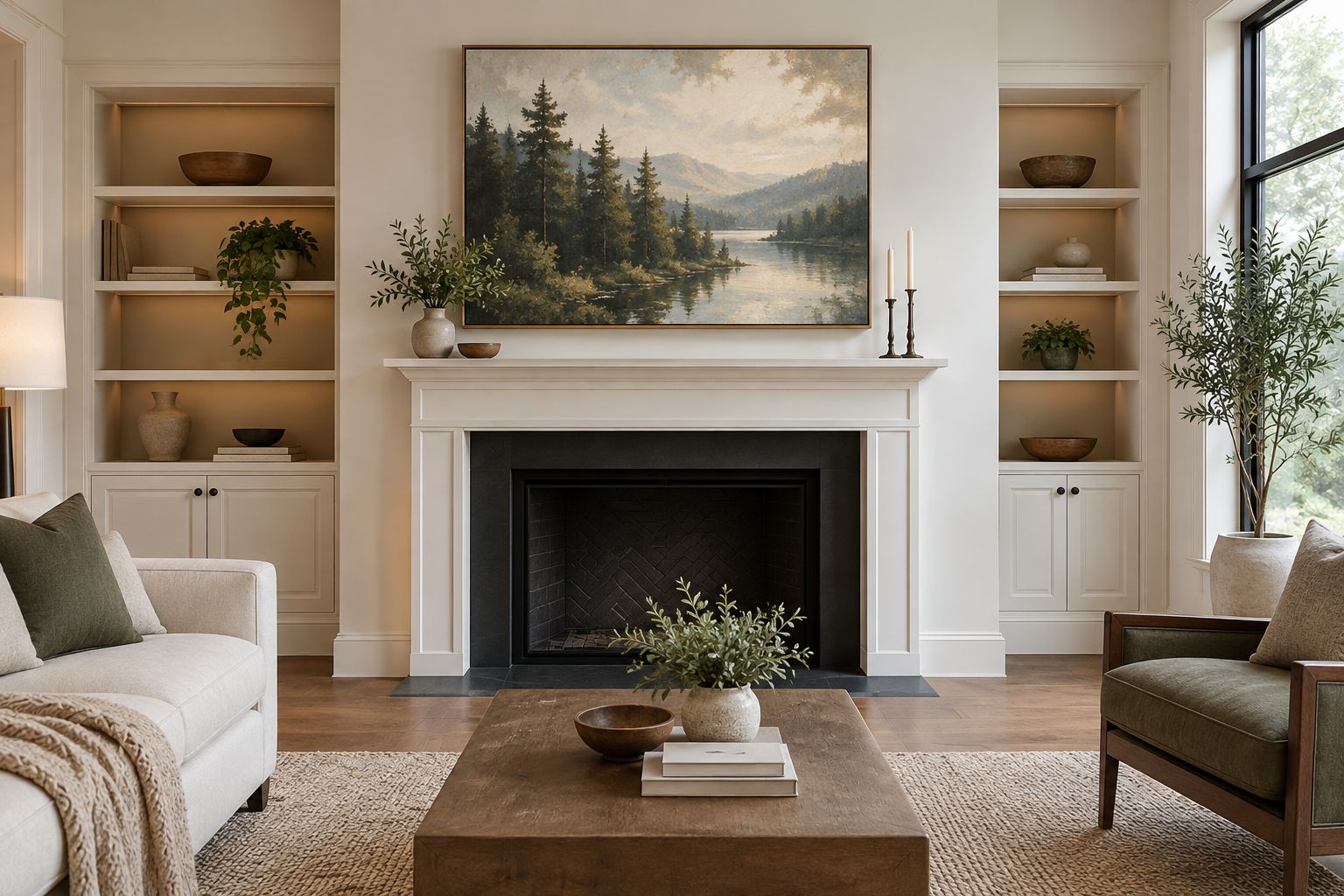 A framed forest landscape above an uncluttered fireplace mantel in a living room.