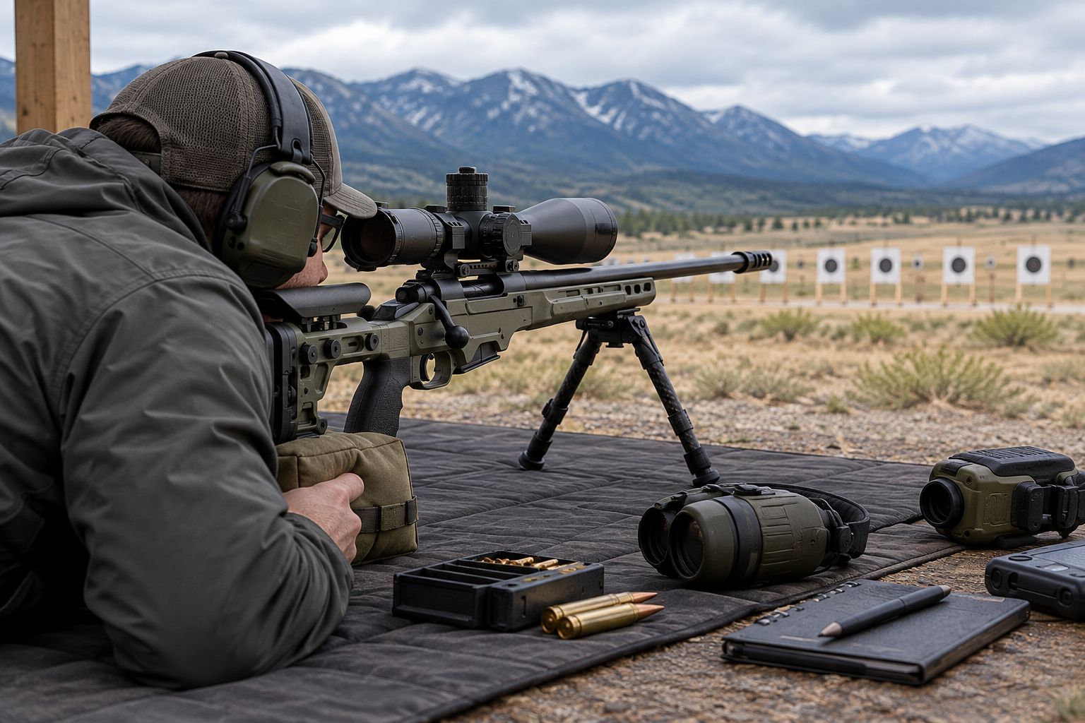 Shooter prone on a mat using a bipod and rear bag on a flat range