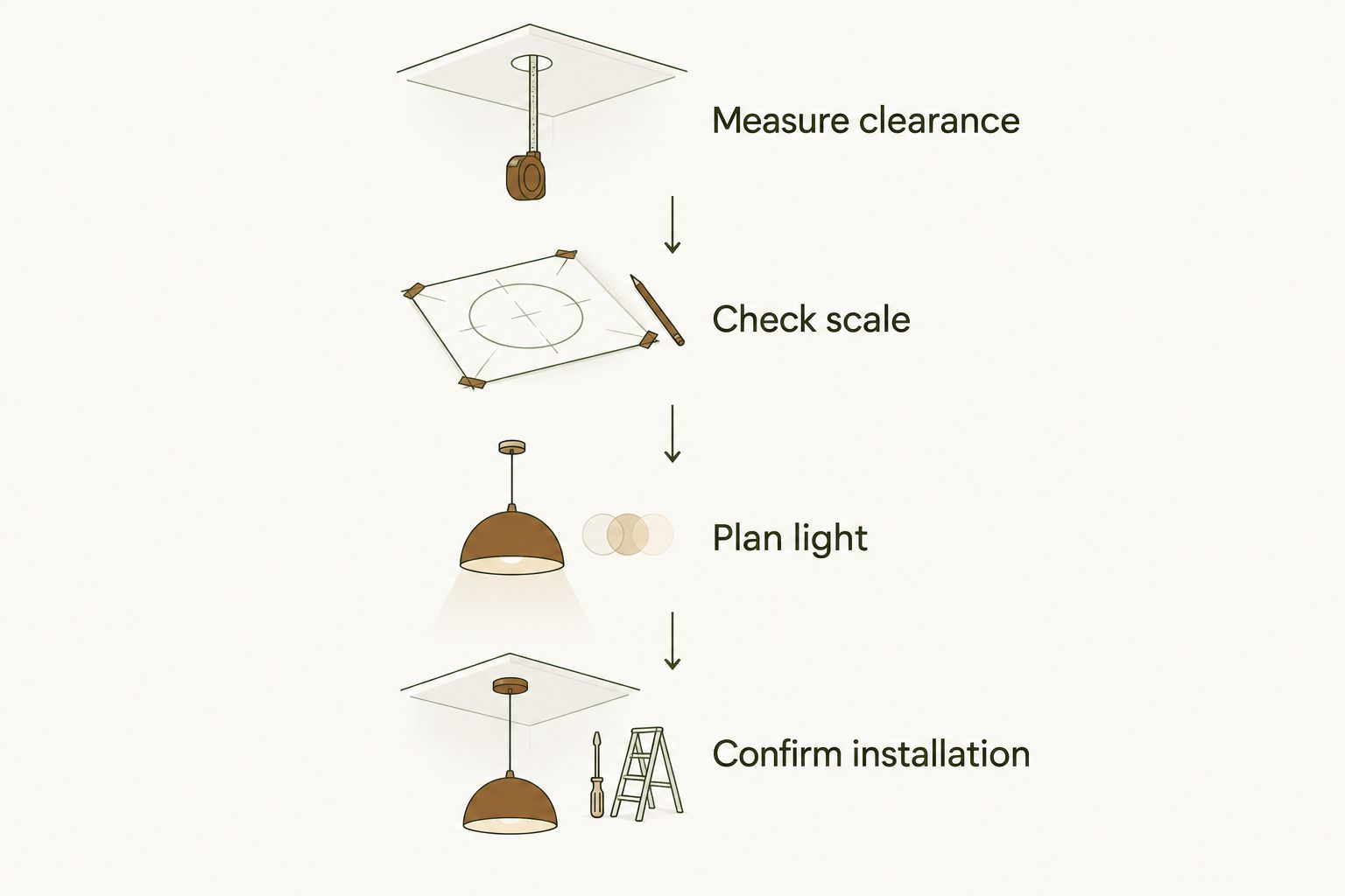 Four selection steps covering clearance, scale, lighting needs, and installation