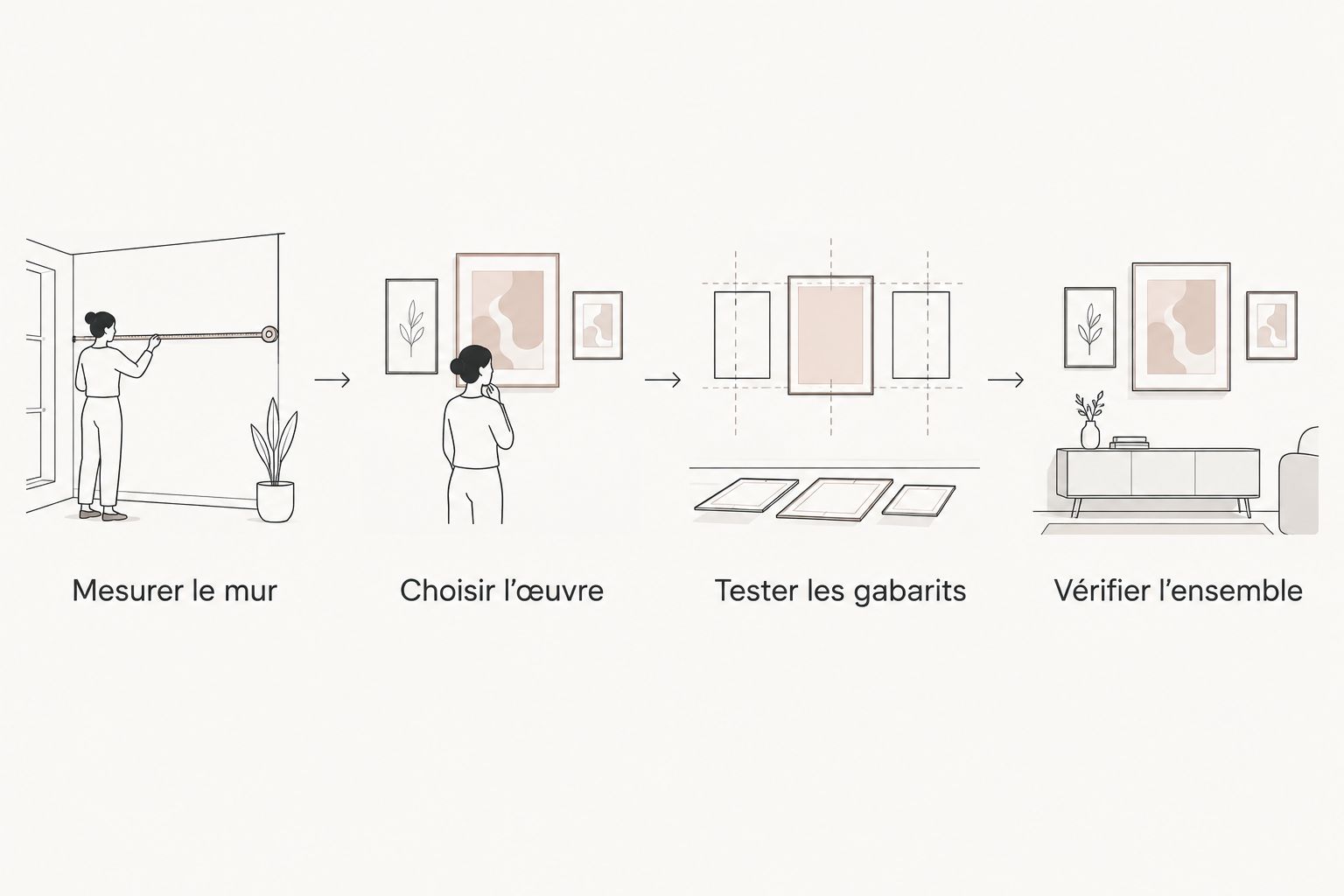 Steps for measuring the wall, choosing an artwork, and testing the layout with templates.
