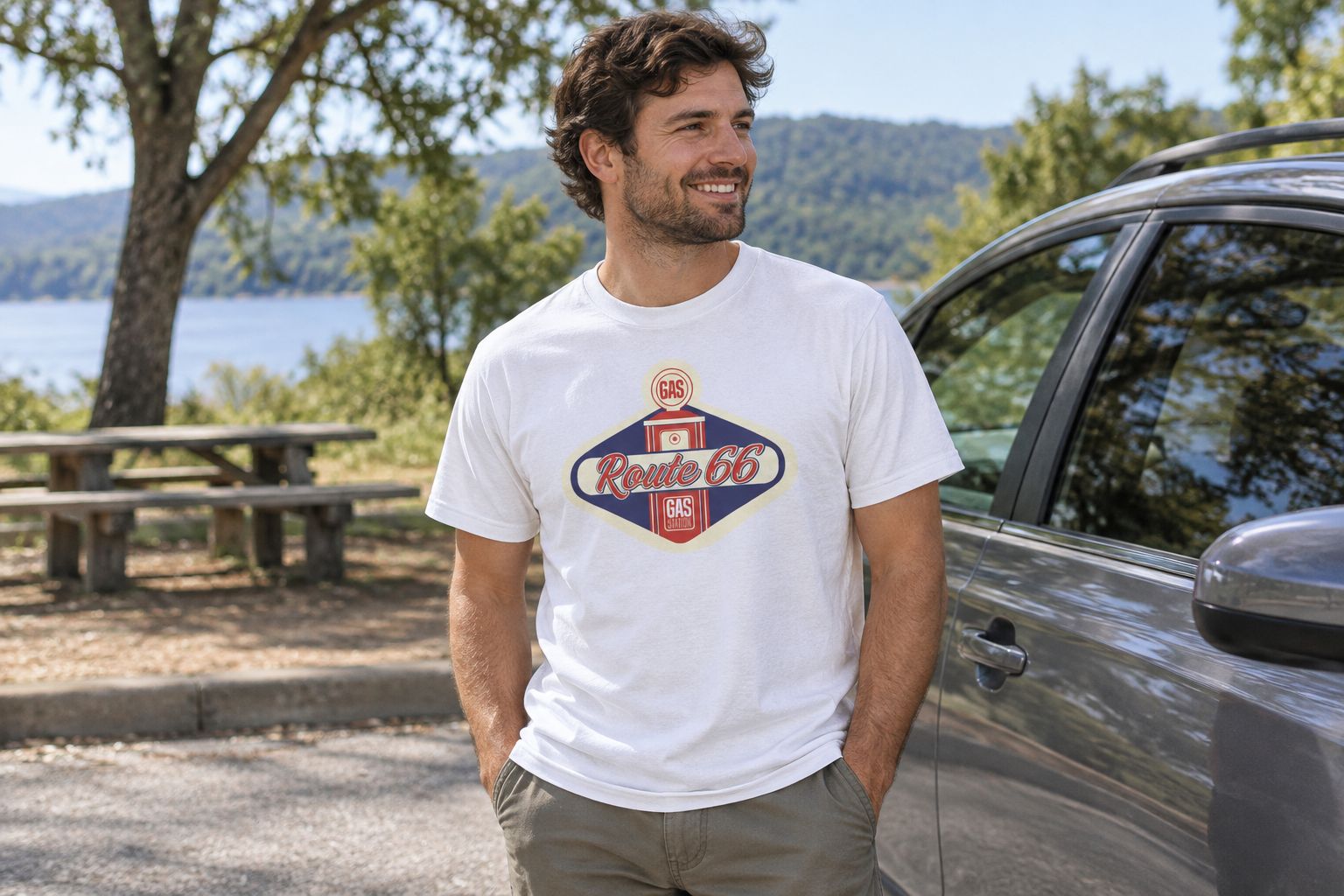 Route 66 graphic tee worn beside a parked car at a roadside picnic area