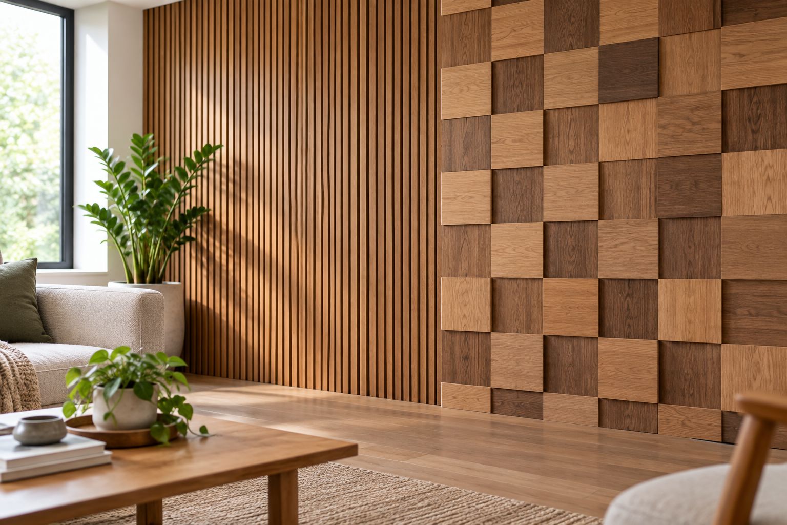 Interior wall comparing vertical wood slats with dimensional wood tiles