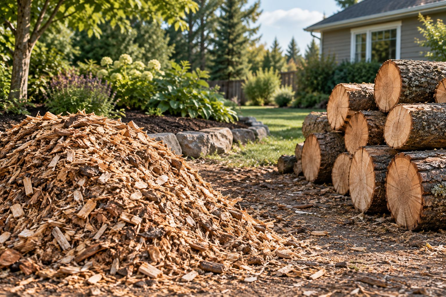 Wood chips beside a garden bed, with cut trunk rounds stored separately