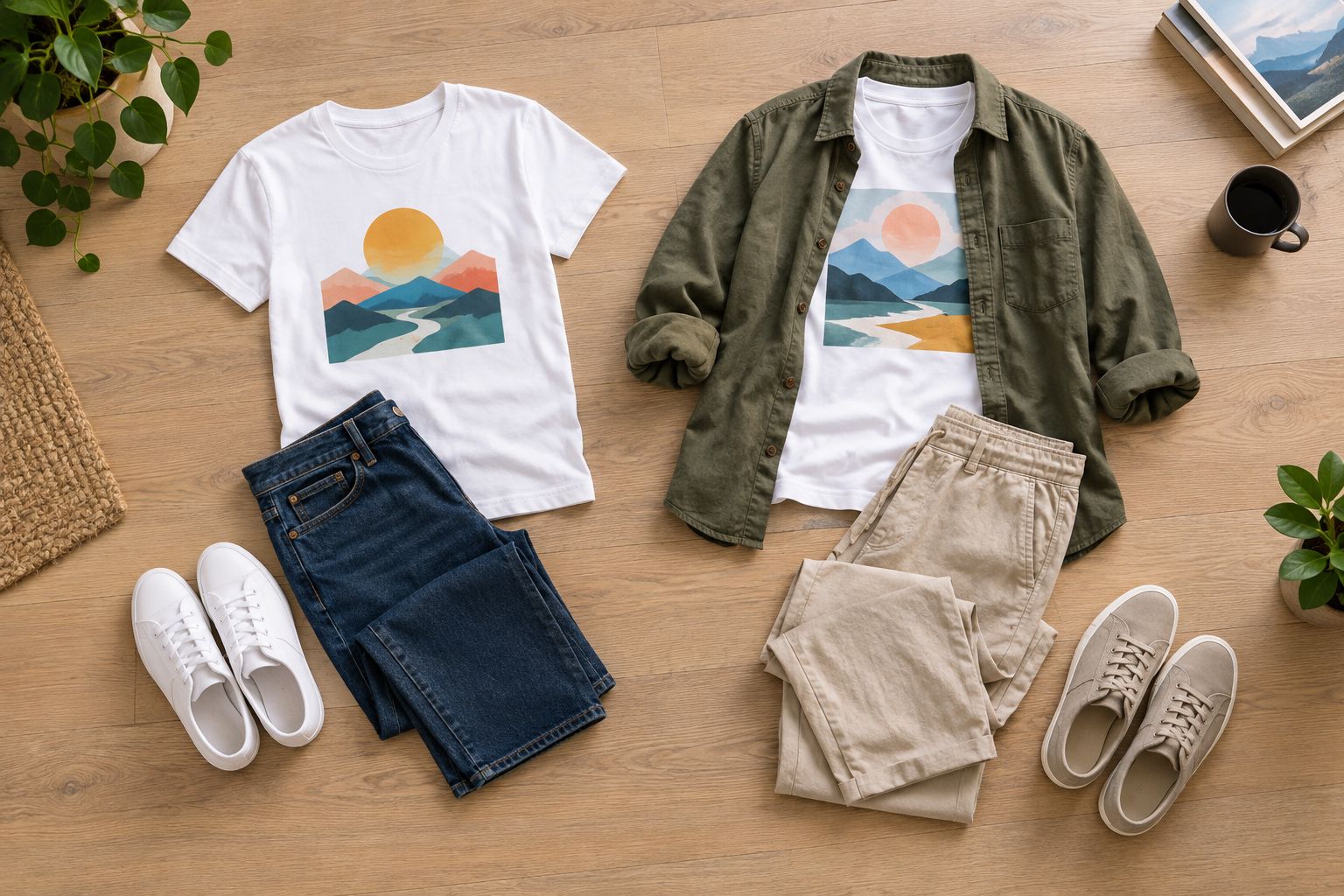 Two graphic tee outfits, one with jeans and one with trousers and an open overshirt