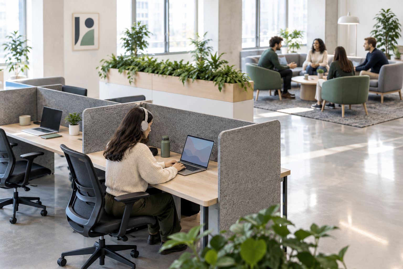 Quiet desks separated from an informal discussion area in an open-plan workplace
