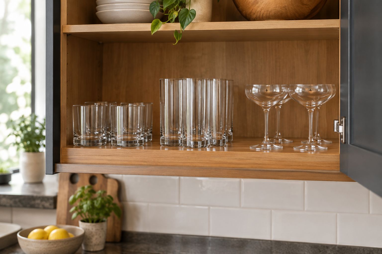 Rocks, highball, and coupe glasses grouped separately in a rental kitchen cupboard