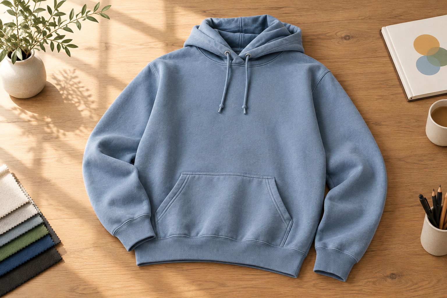 Plain hoodie showing the outer chest fabric, hood and pouch-pocket seam